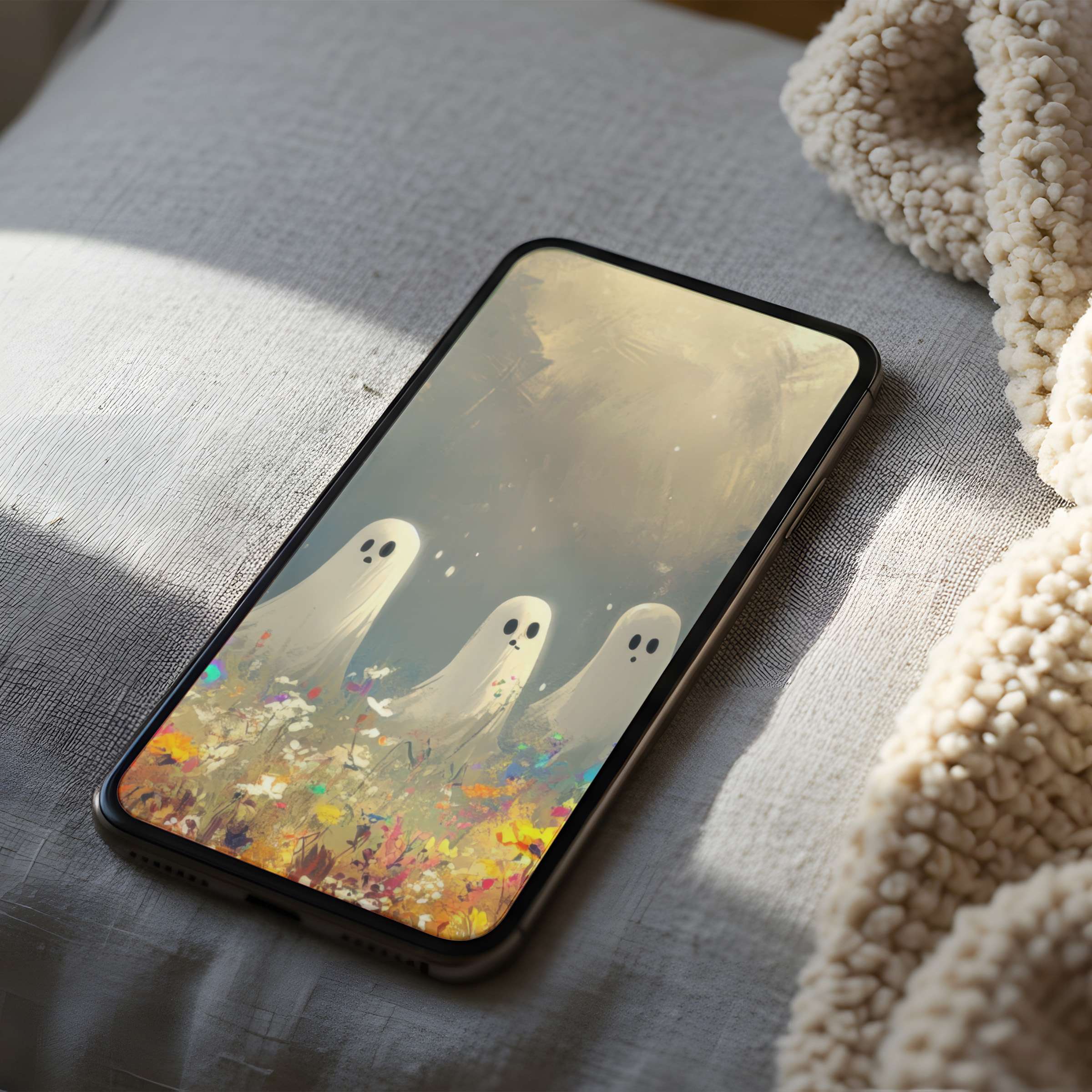 Ghostly phone wallpaper showcasing serene pastels and ethereal style perfect for high resolution digital download on iPhone or Android