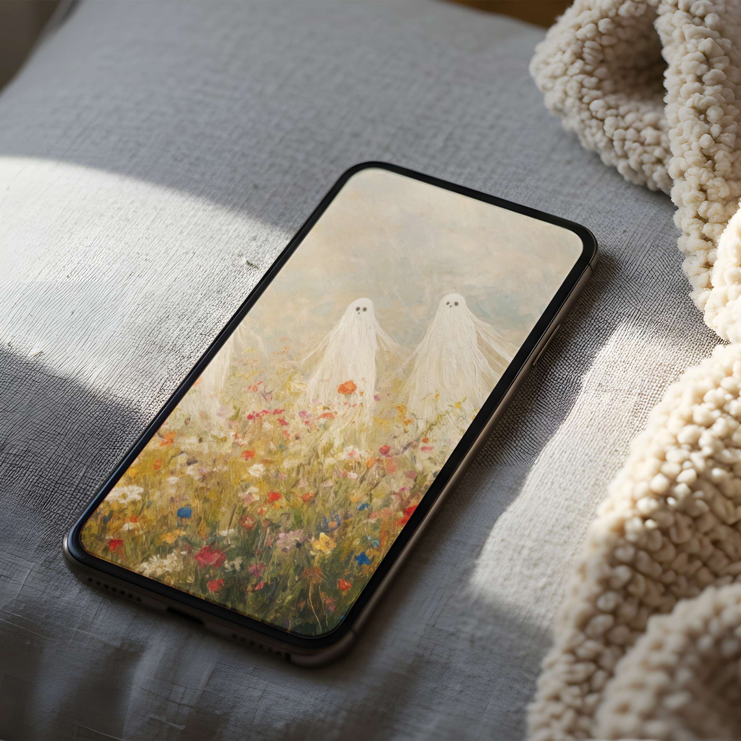 Serene phone wallpaper showcasing ethereal figures amid wildflowers, ideal for iPhone and Android, offering tranquility in high resolution download