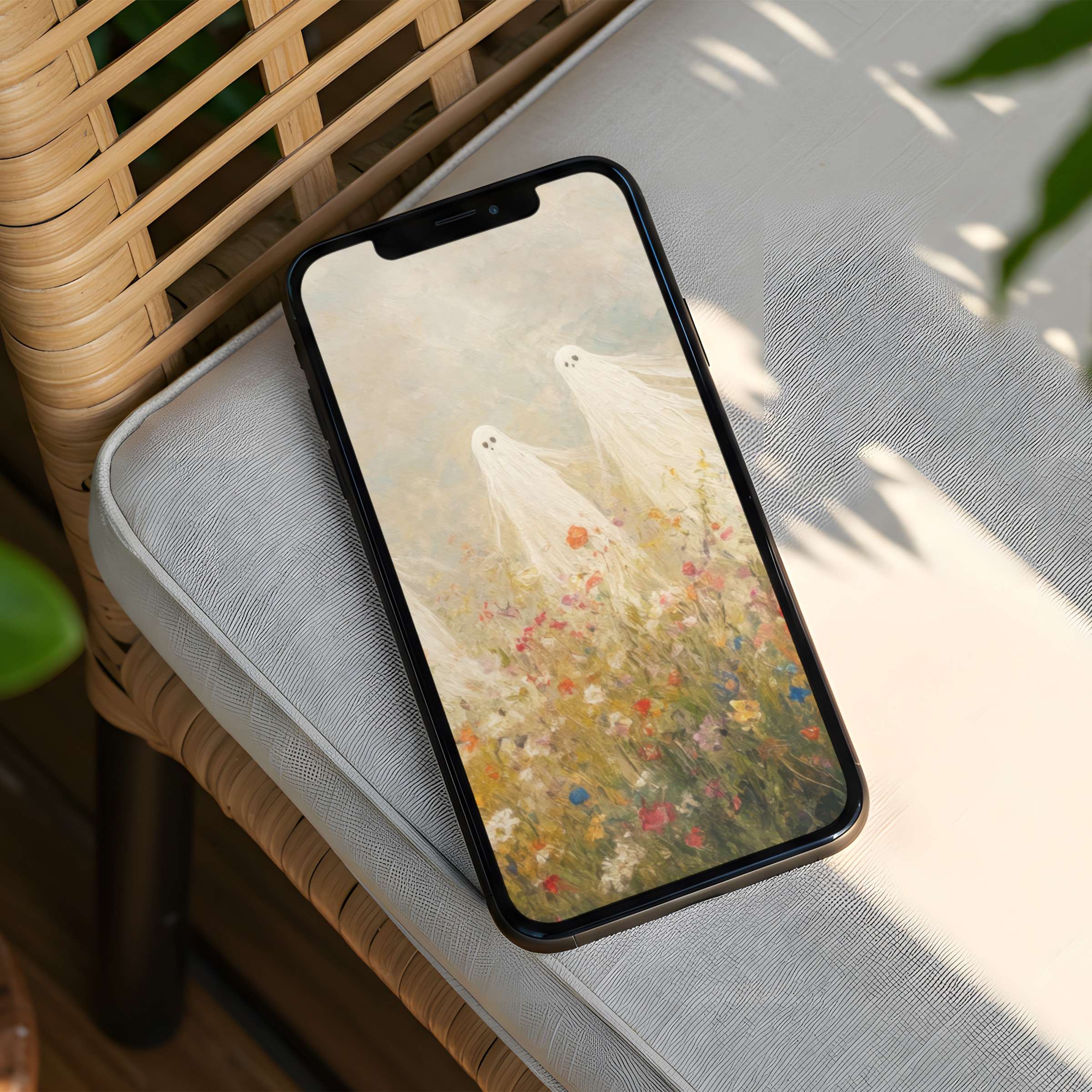 Elegant iPhone background showcasing serene ghostly figures in a floral meadow available for instant download to any phone