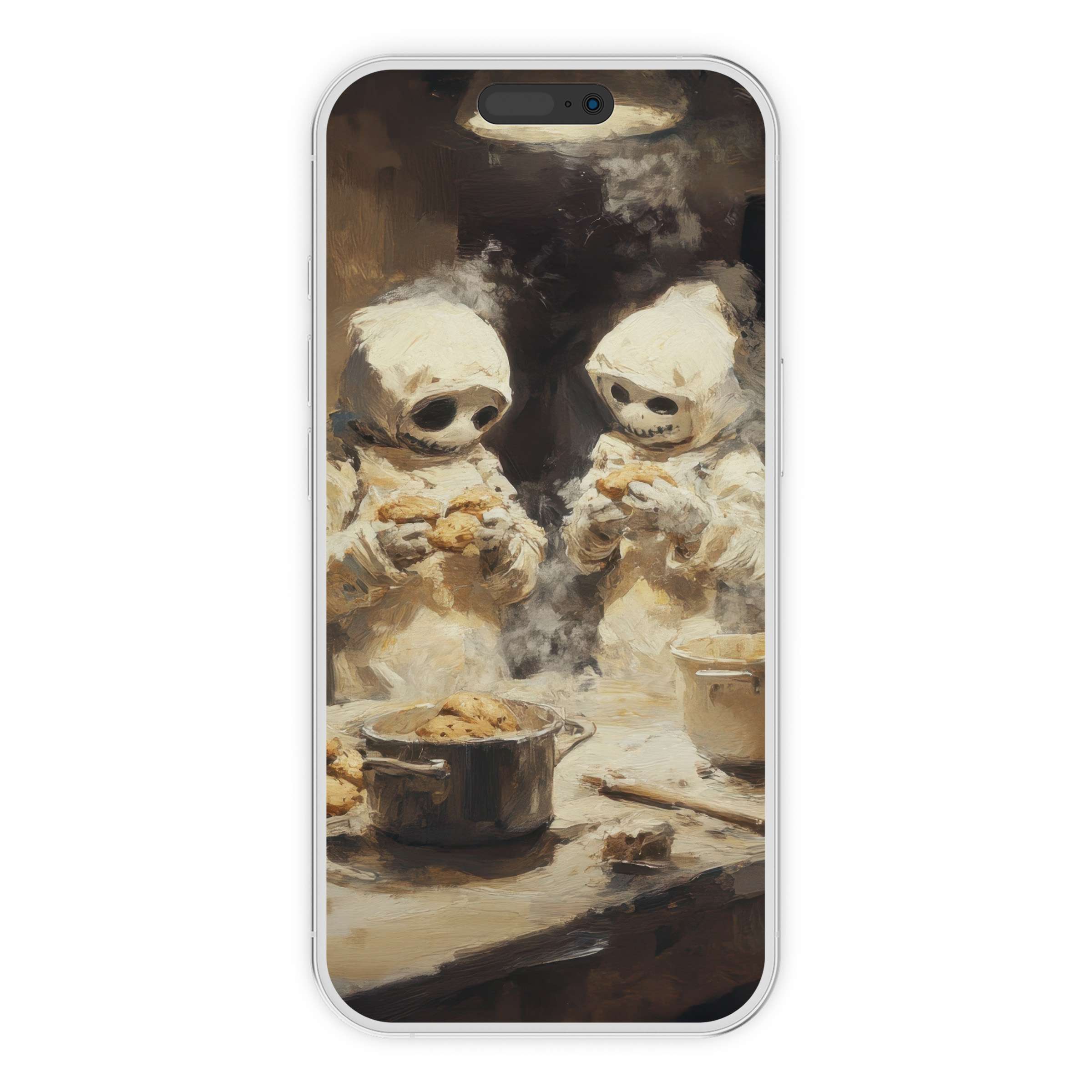 Cozy Halloween iPhone wallpaper captures playful ghosts baking in warm tones perfect for phone backgrounds digital download for iOS/Android