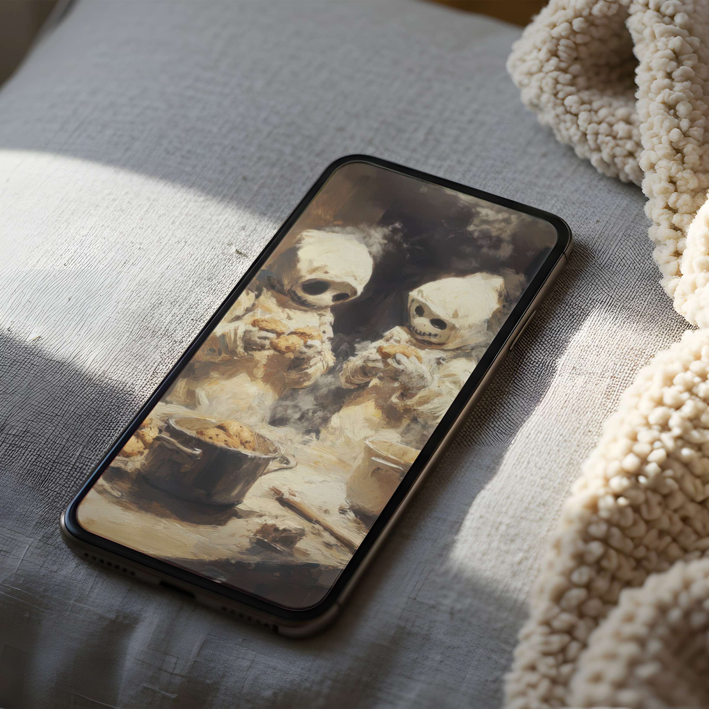 Charming phone wallpaper with whimsical skeletons in muted tones offers a peaceful, high-resolution design for iPhone and Android fans