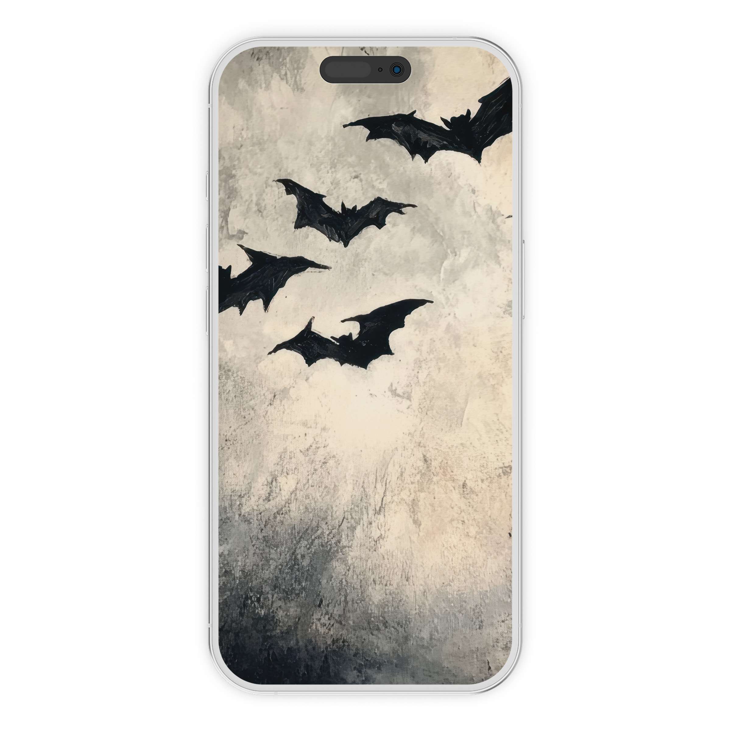 Elegant halloween iPhone wallpaper with black bats on textured gray background digital download for serene phone design appeal