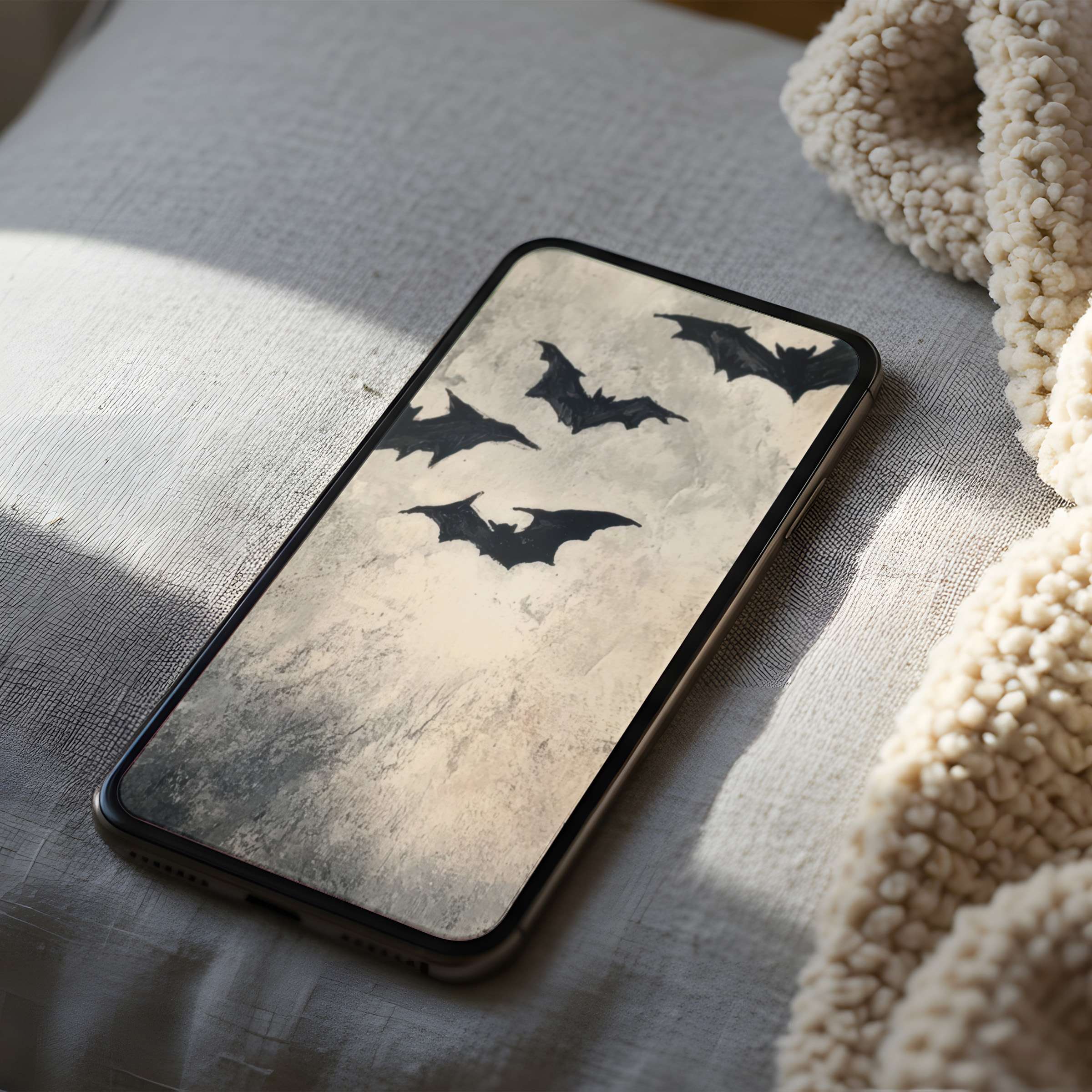 Elegant phone wallpaper featuring abstract black bats on a textured gray background perfect for iPhone and Android digital download