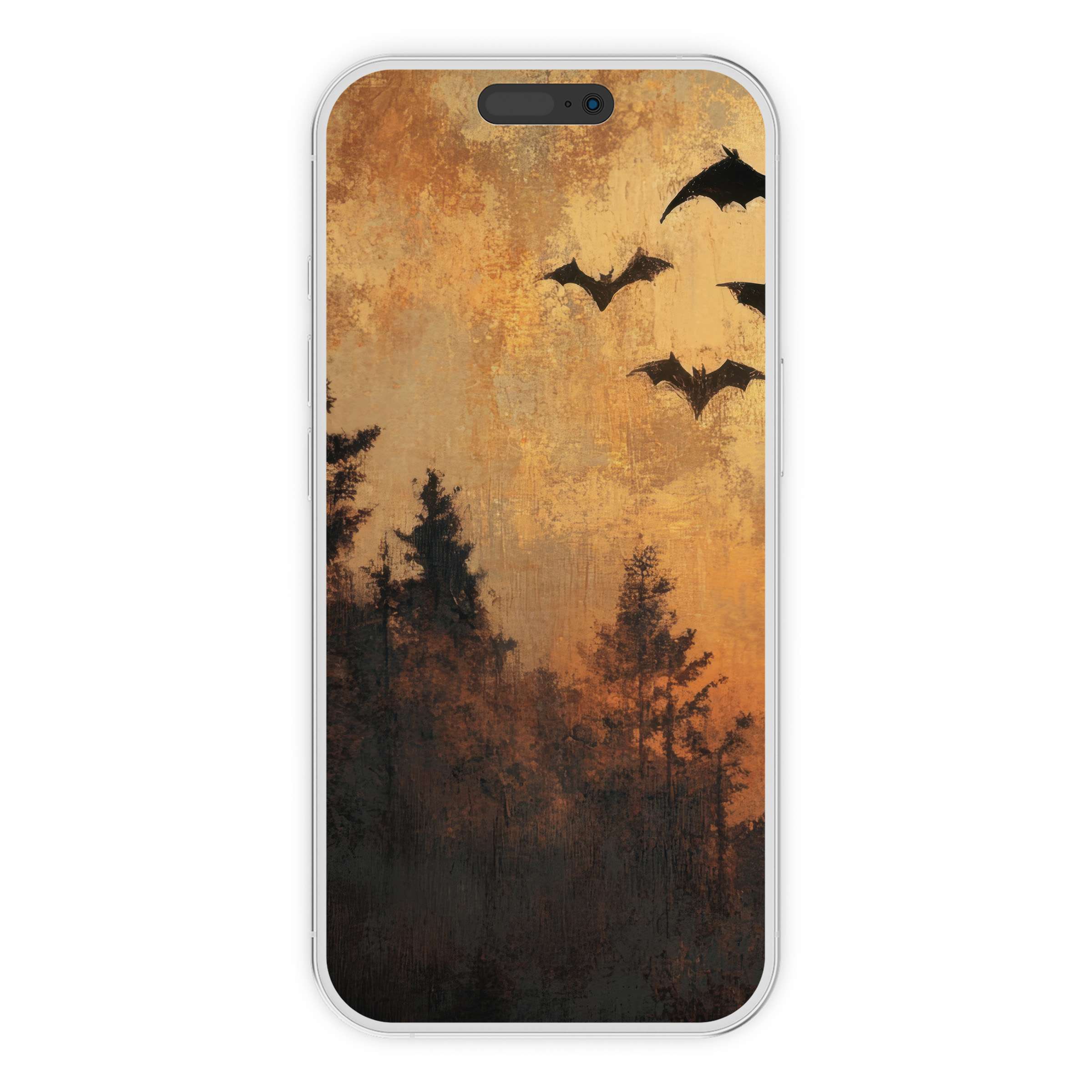 Halloween iPhone wallpaper digital download with bats silhouetted against an orange twilight forest background suitable for phone screens