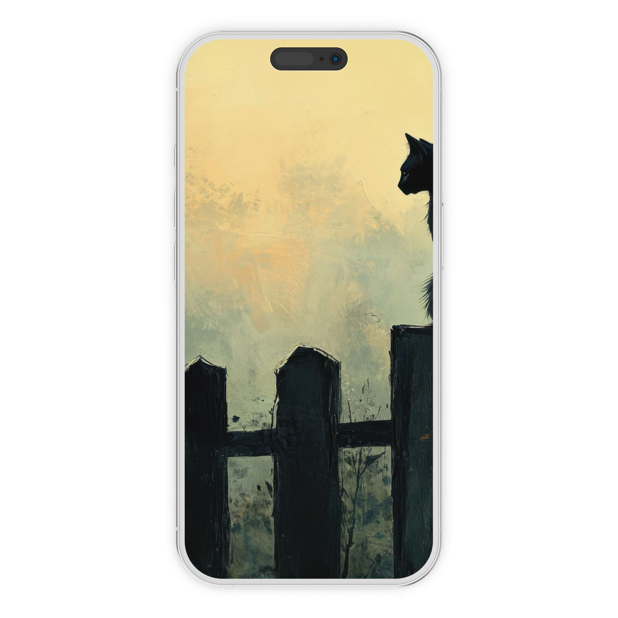 Halloween iPhone wallpaper featuring a serene silhouette of a black cat on a fence, offering a calming digital download background for phones