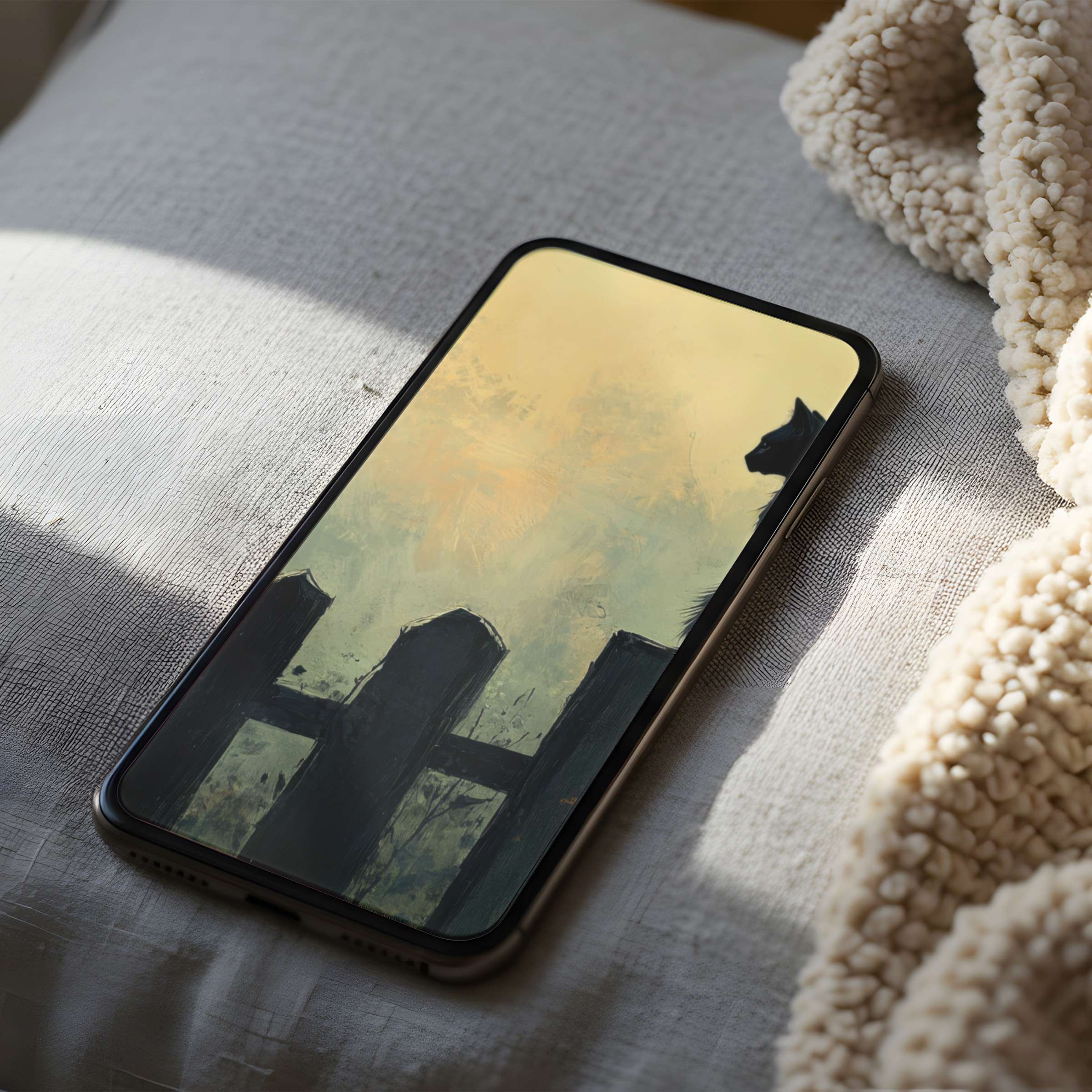 Elegant cat silhouette phone wallpaper in soft hues on high resolution, suitable for iPhone and android digital download