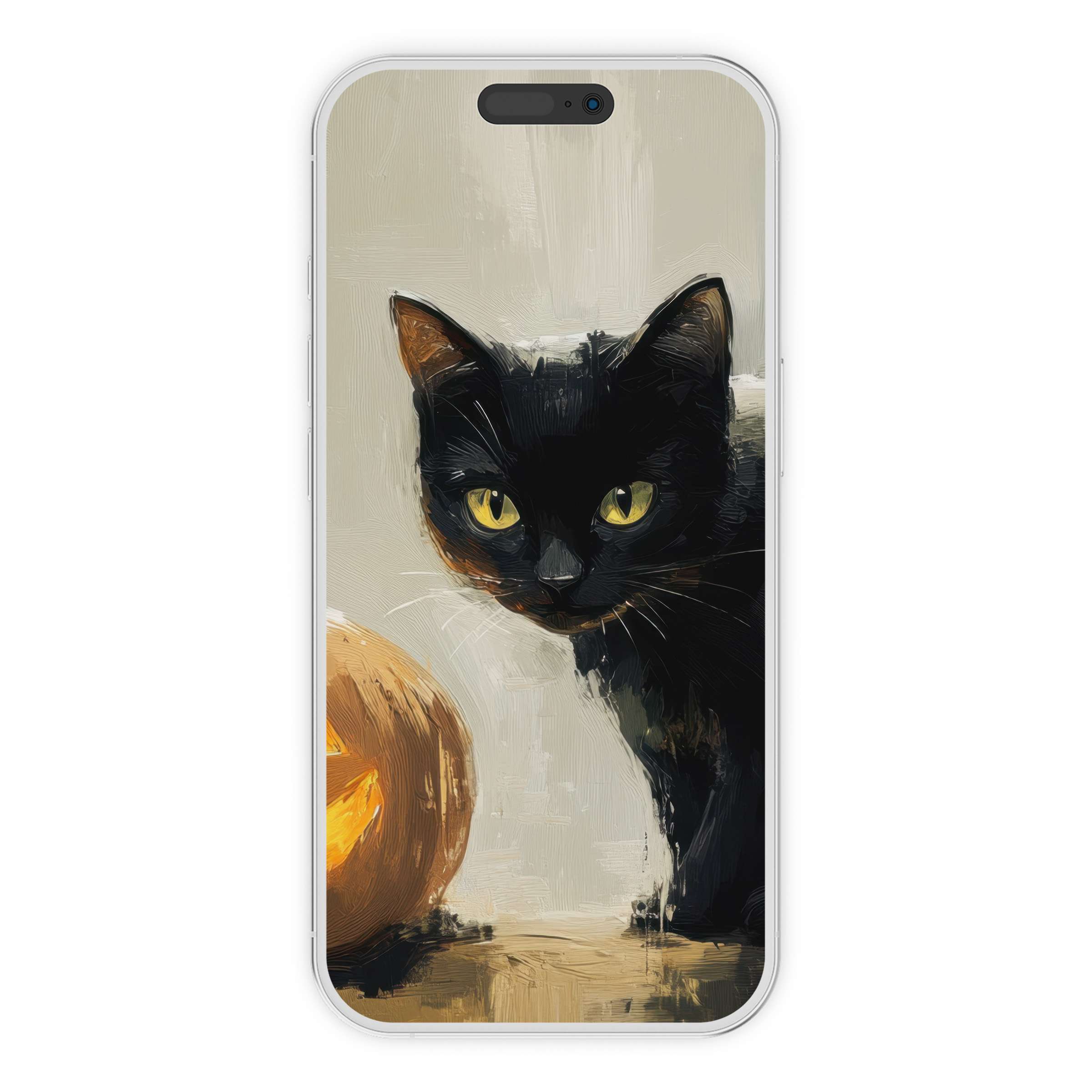 Painterly black cat and pumpkin scene on halloween iPhone wallpaper offers an elegant phone background digital download for autumn serenity