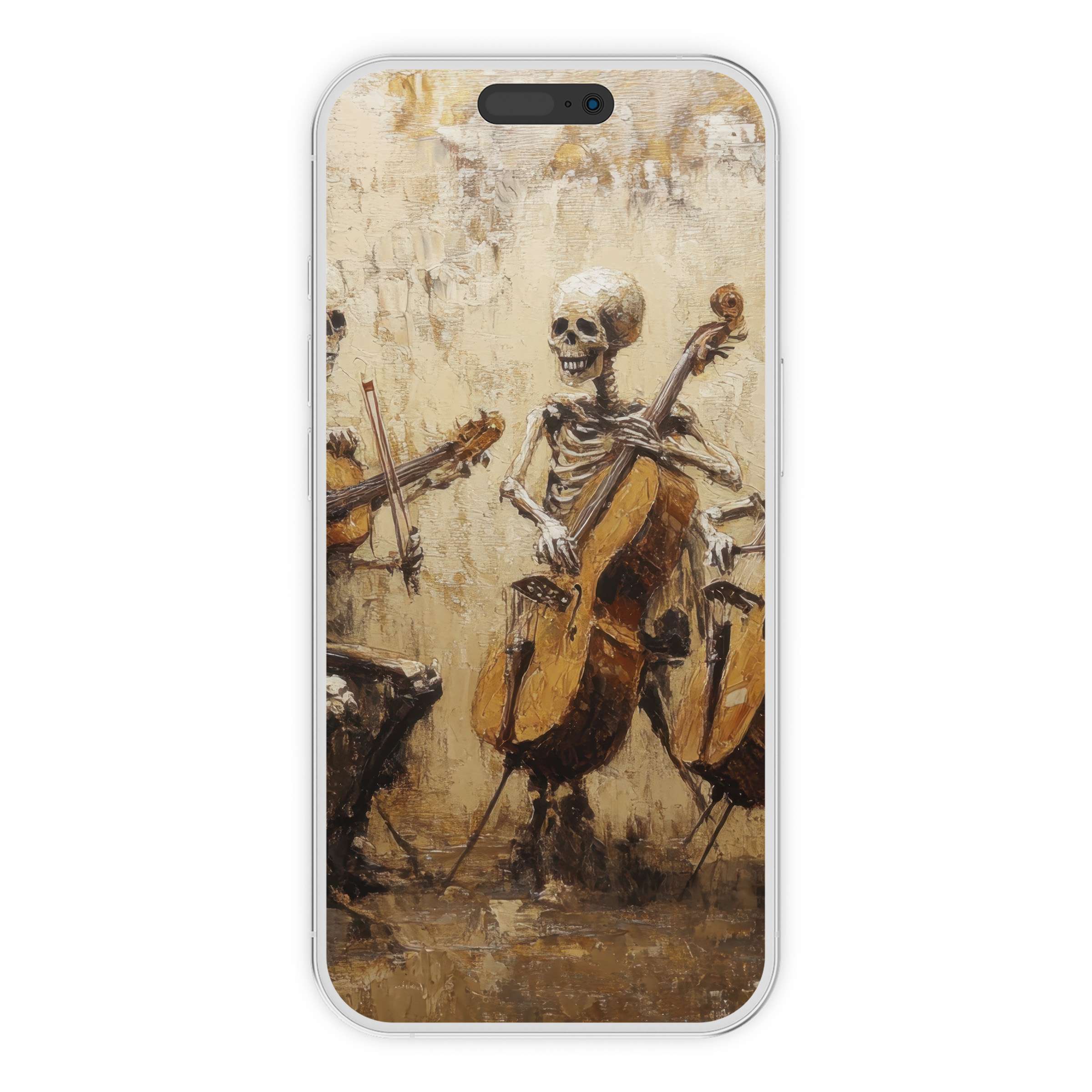 Halloween iPhone wallpaper featuring vintage-style skeleton musicians on textured background; perfect digital download for phone aesthetics