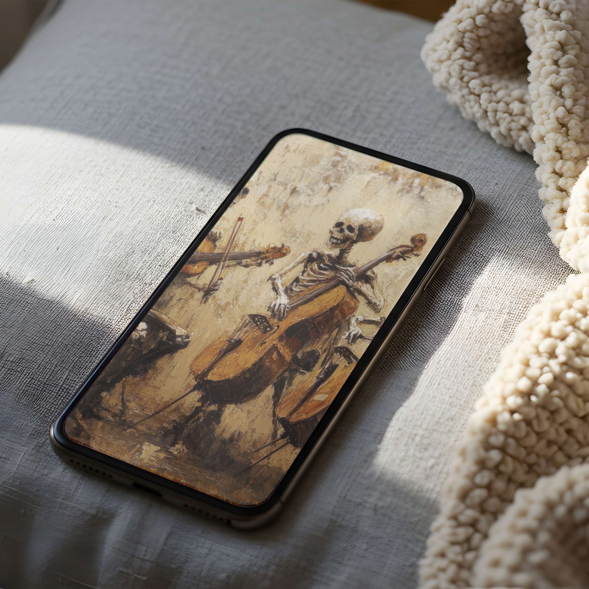 Skull-themed phone wallpaper on high-resolution display inspires artistic elegance in cozy setting suitable for iPhone and Android downloads
