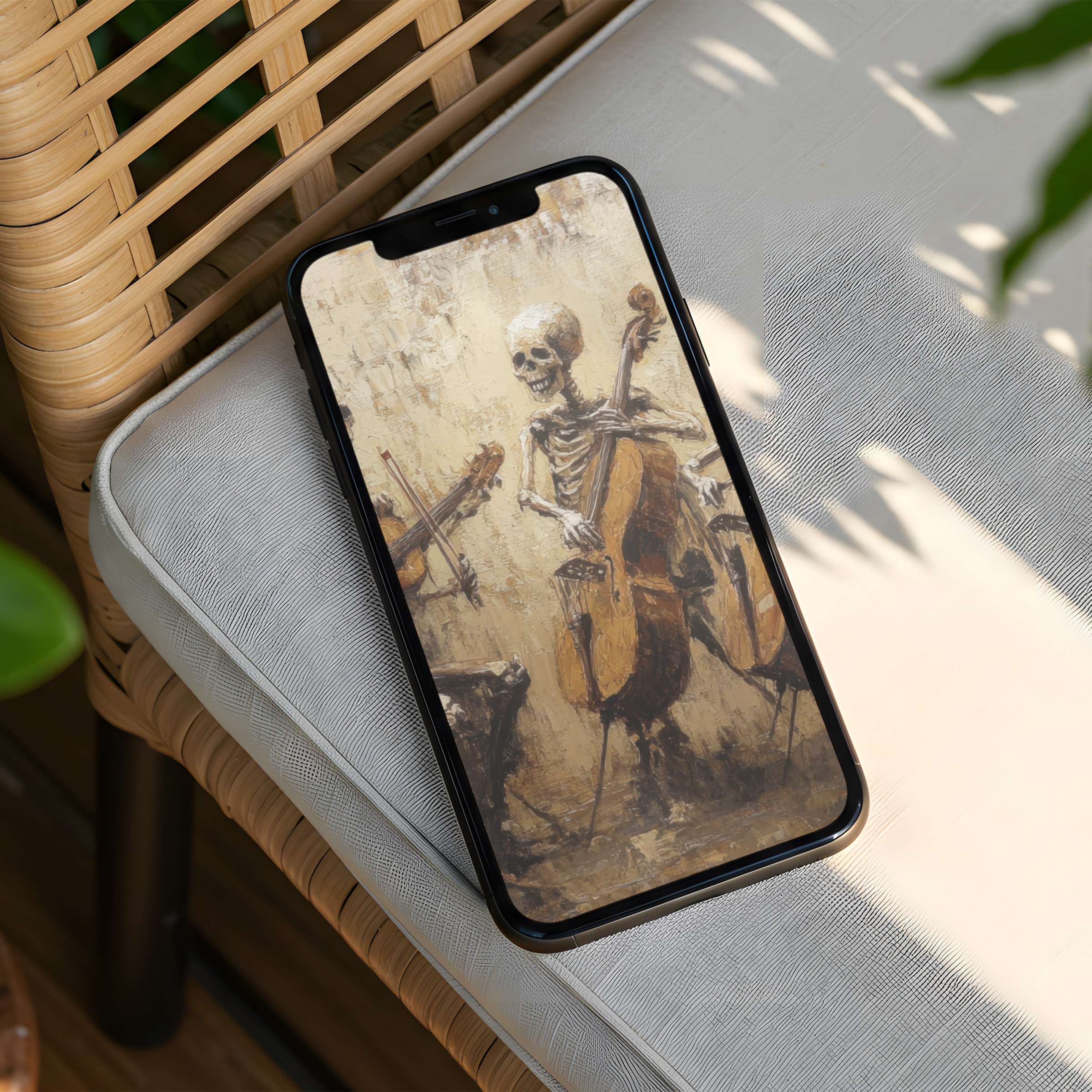 Elegant phone art with a skeleton playing cello evokes calm and inspiration for your iPhone background instant download option