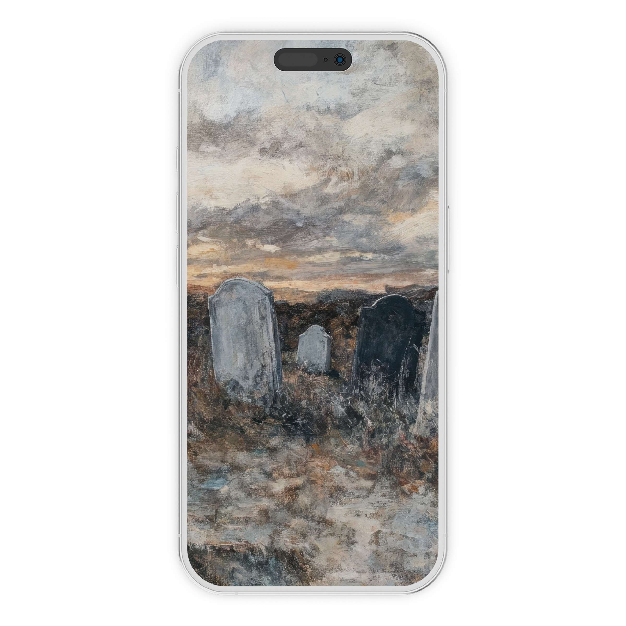 Ethereal halloween iPhone wallpaper with serene graveyard scene perfect for phone background digital download creating peaceful ambiance