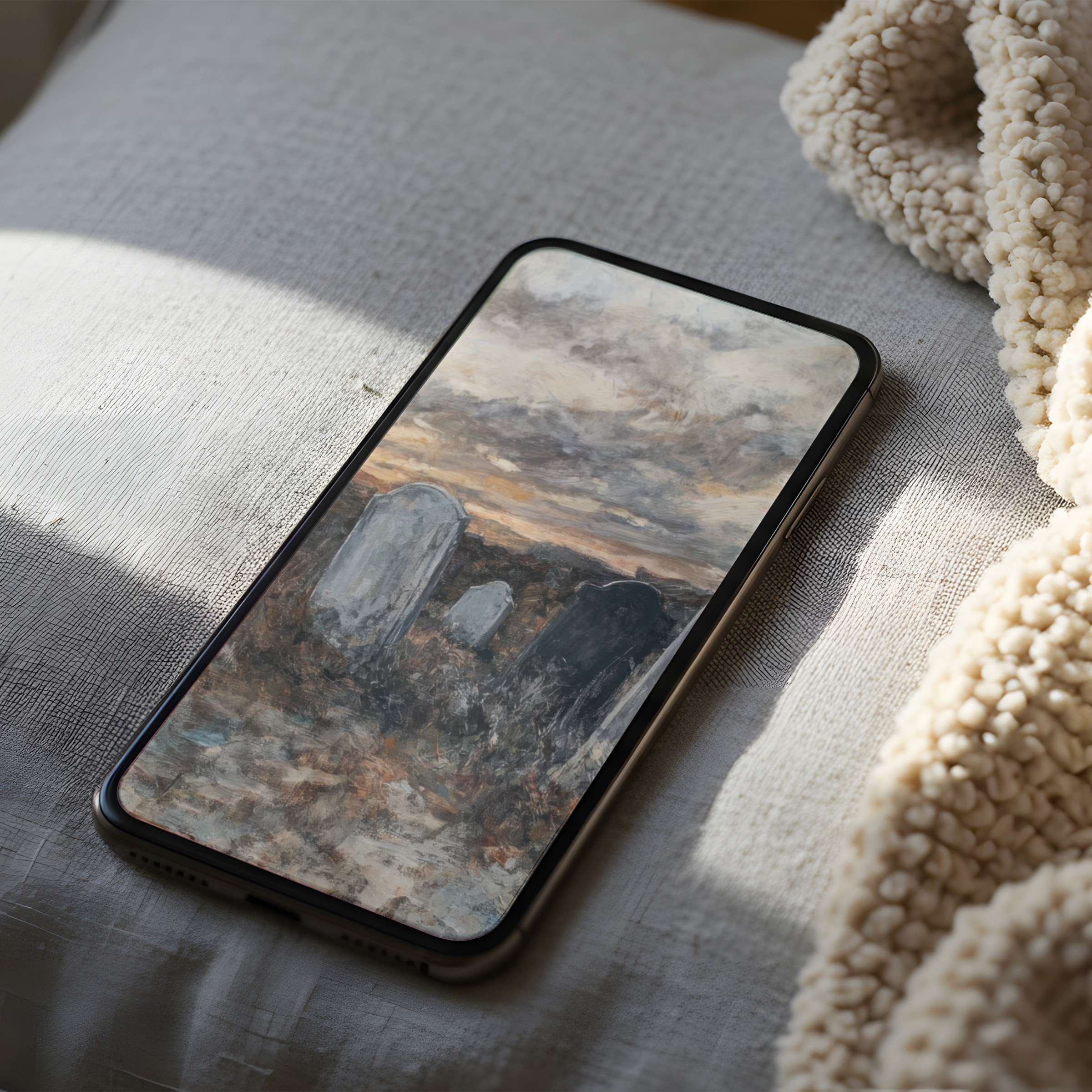 Ethereal phone wallpaper featuring a serene landscape painting, offering calm elegance for high-resolution iPhone and Android screens