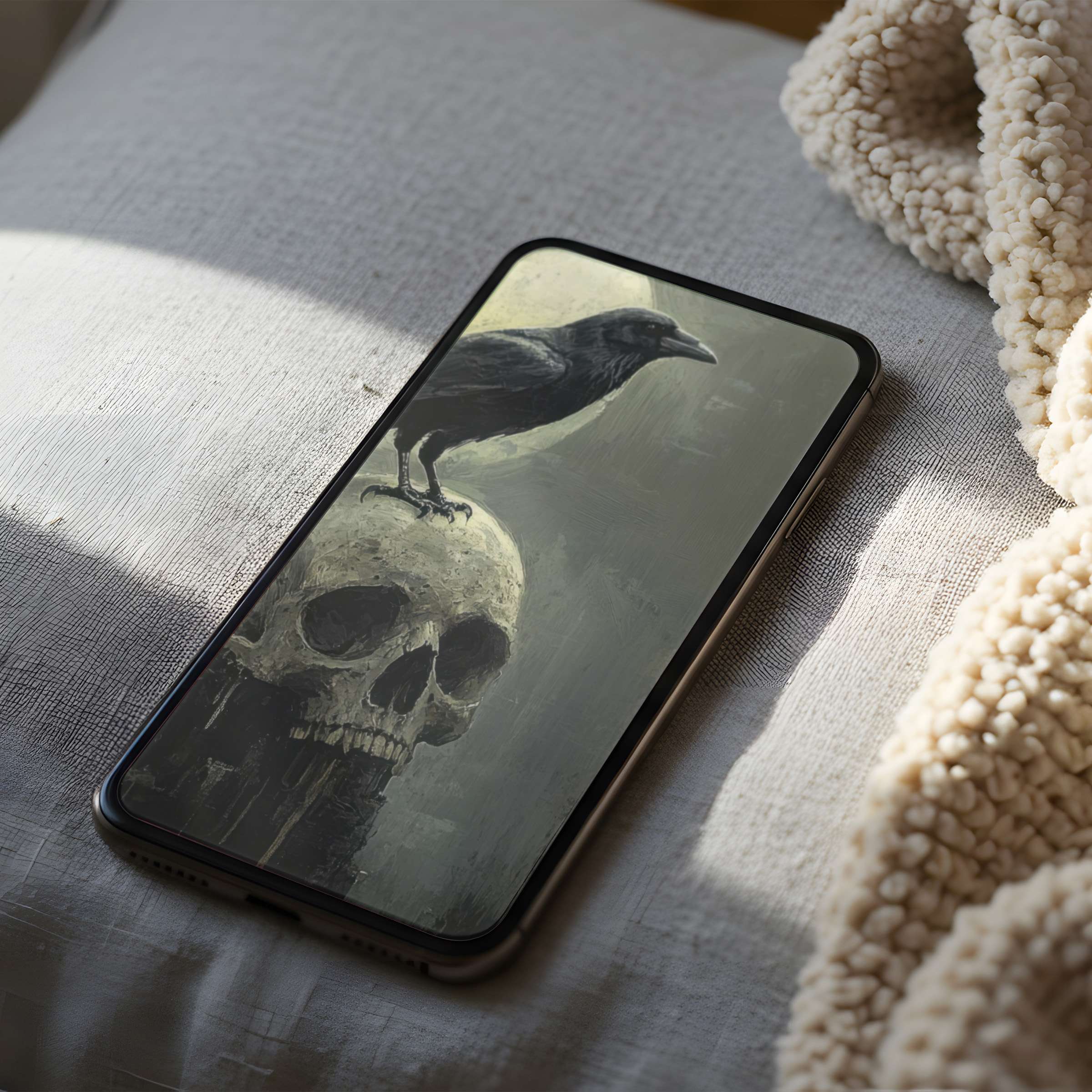 Elegant phone wallpaper with high resolution crow and skull art in soft tones, perfect for iPhone and android digital download