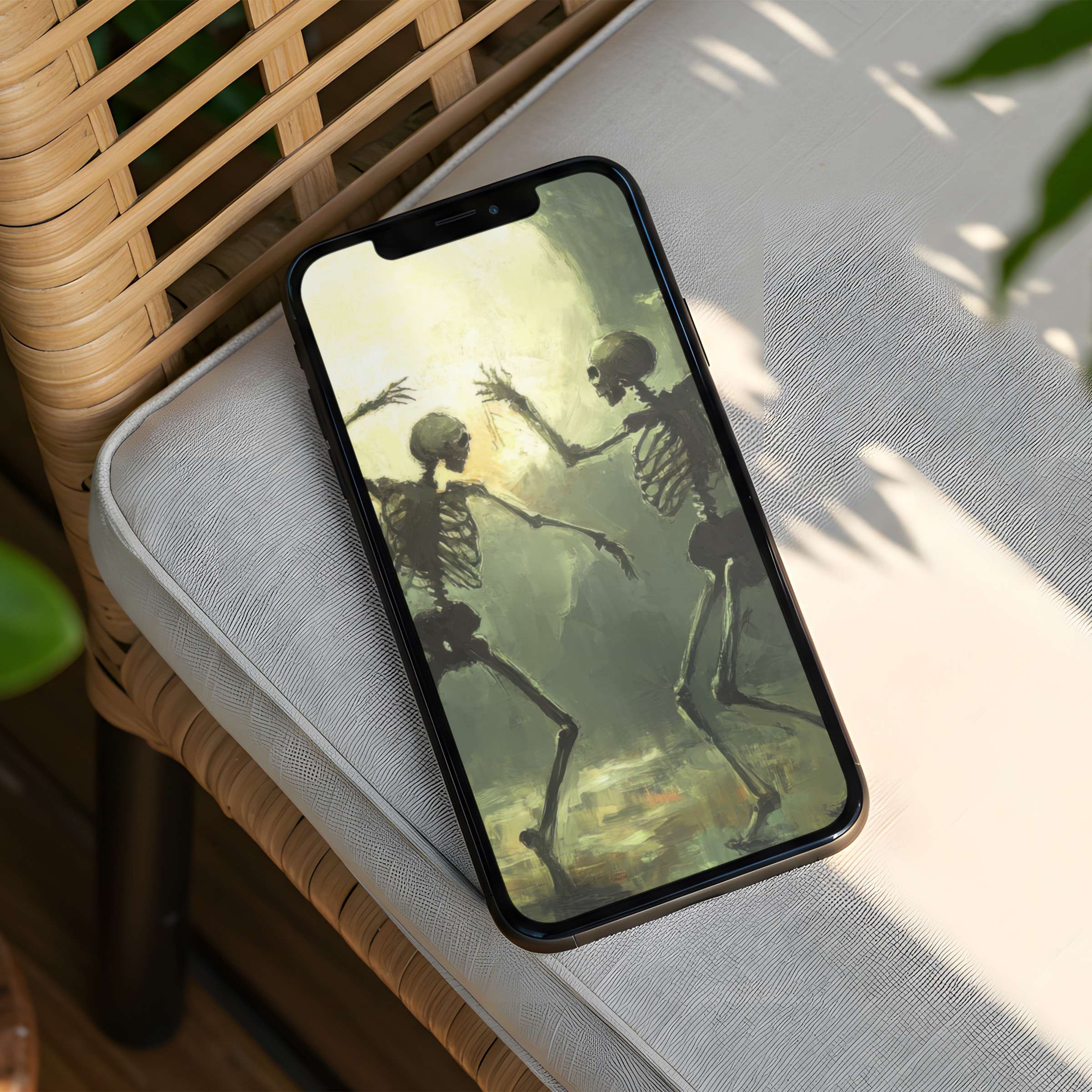 Serene skeleton art iPhone background in soft tones evokes calm and inspiration ideal for instant download on any phone