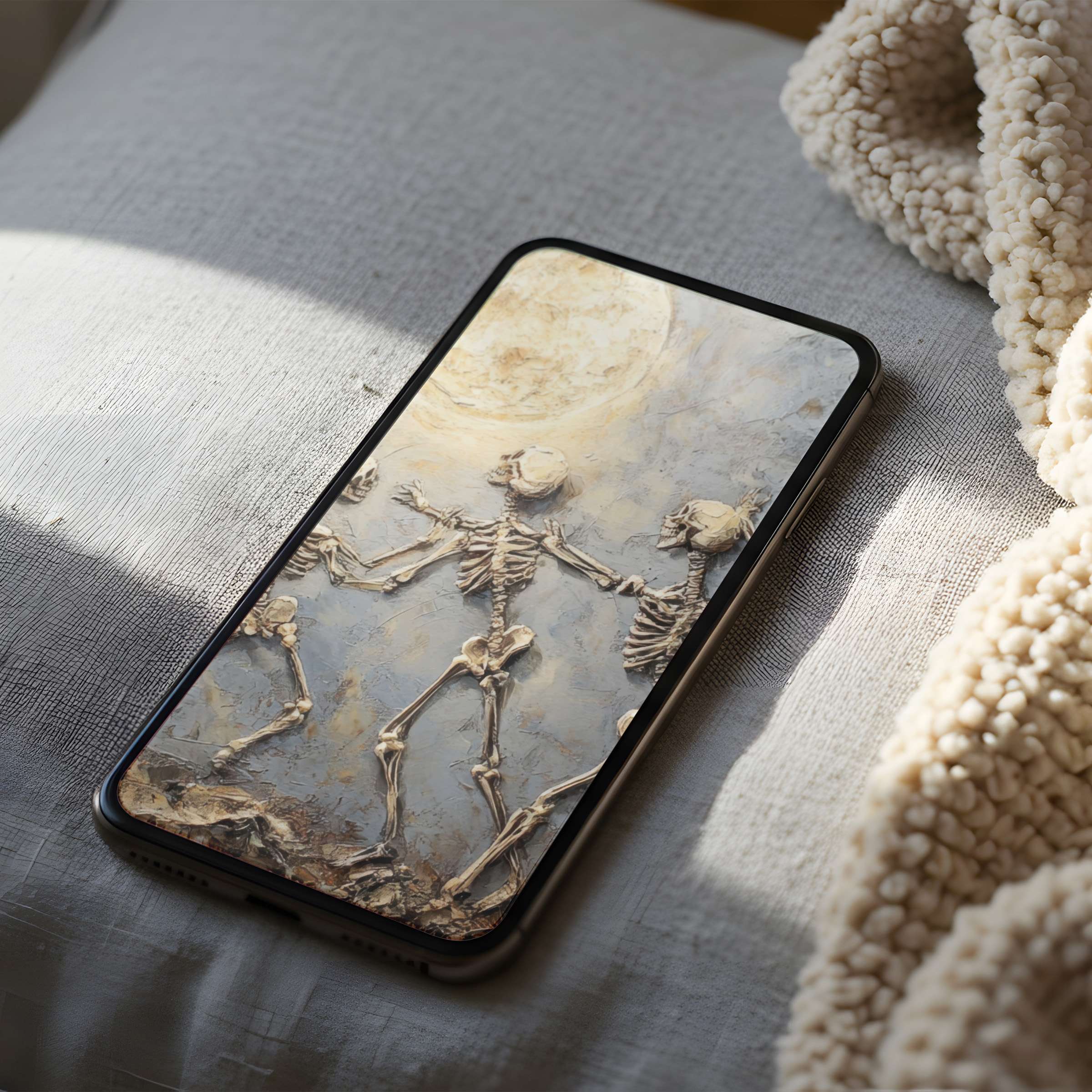 Elegant phone wallpaper featuring artistic skeleton motif in soft beige tones on high resolution display for iPhone and android devices