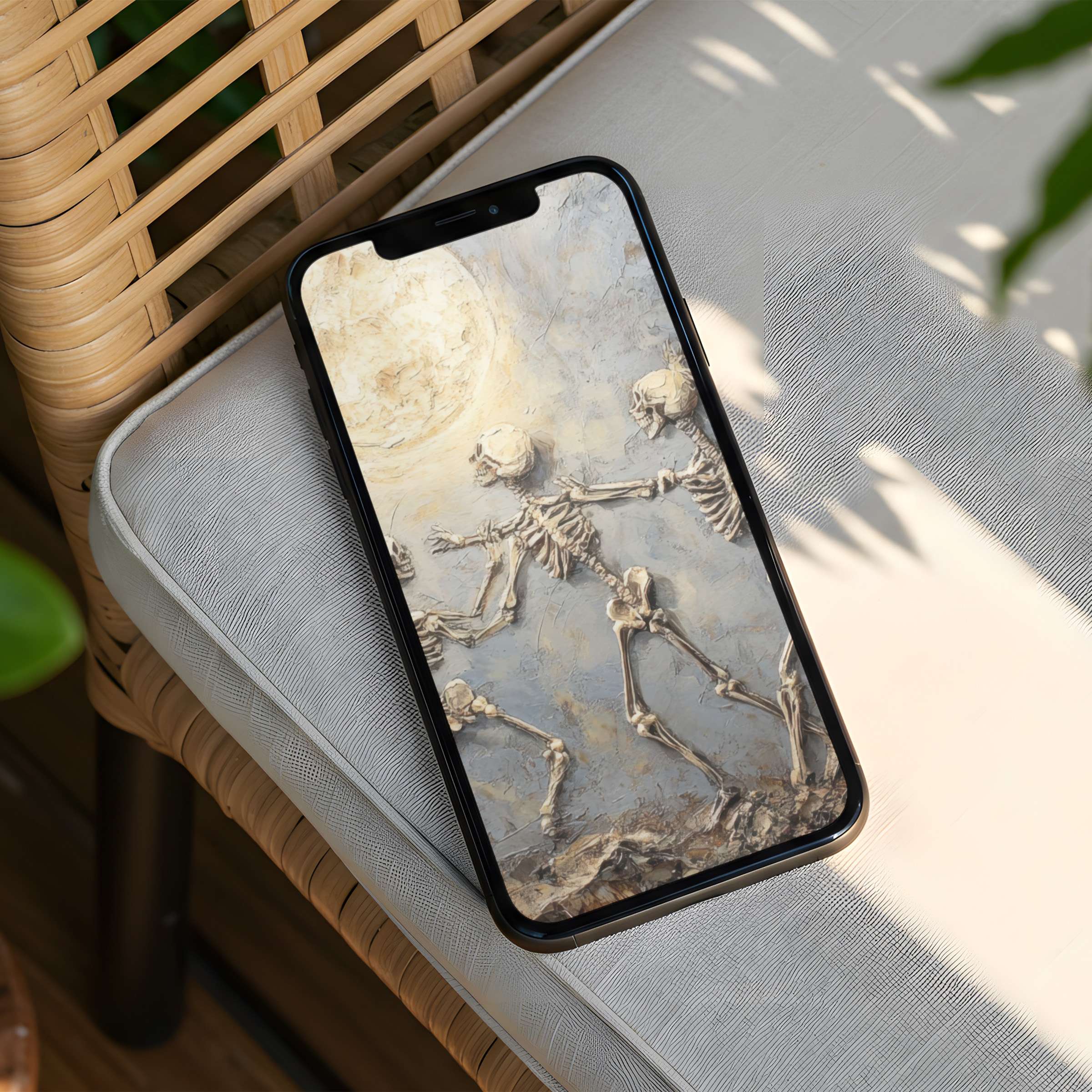 Elegant iPhone background featuring artistic skeletons under a calming moonlit sky for mindful inspiration instant download for any phone