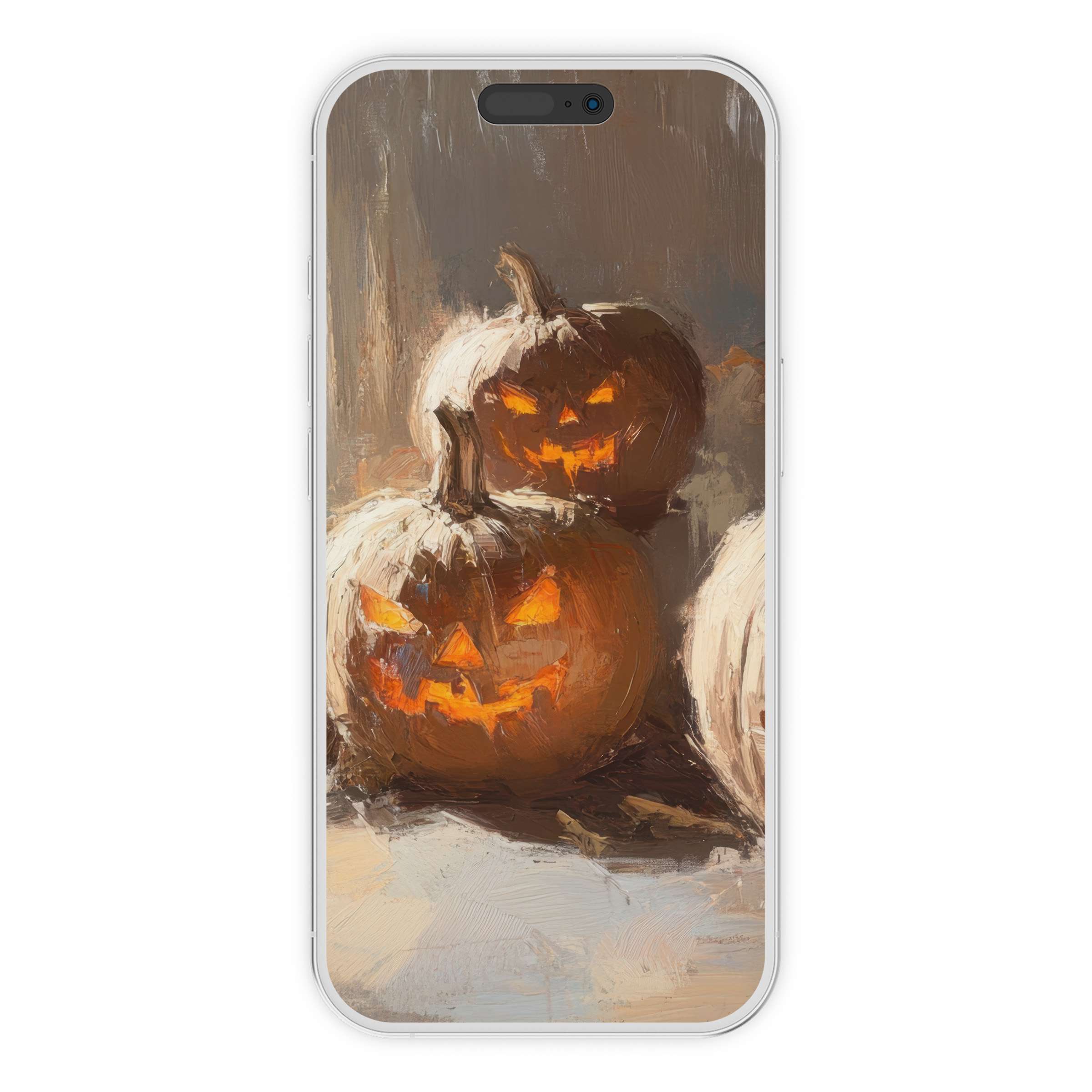 Halloween iPhone wallpaper featuring artistic pumpkins with warm hues ideal for phone background digital download suitable for Android