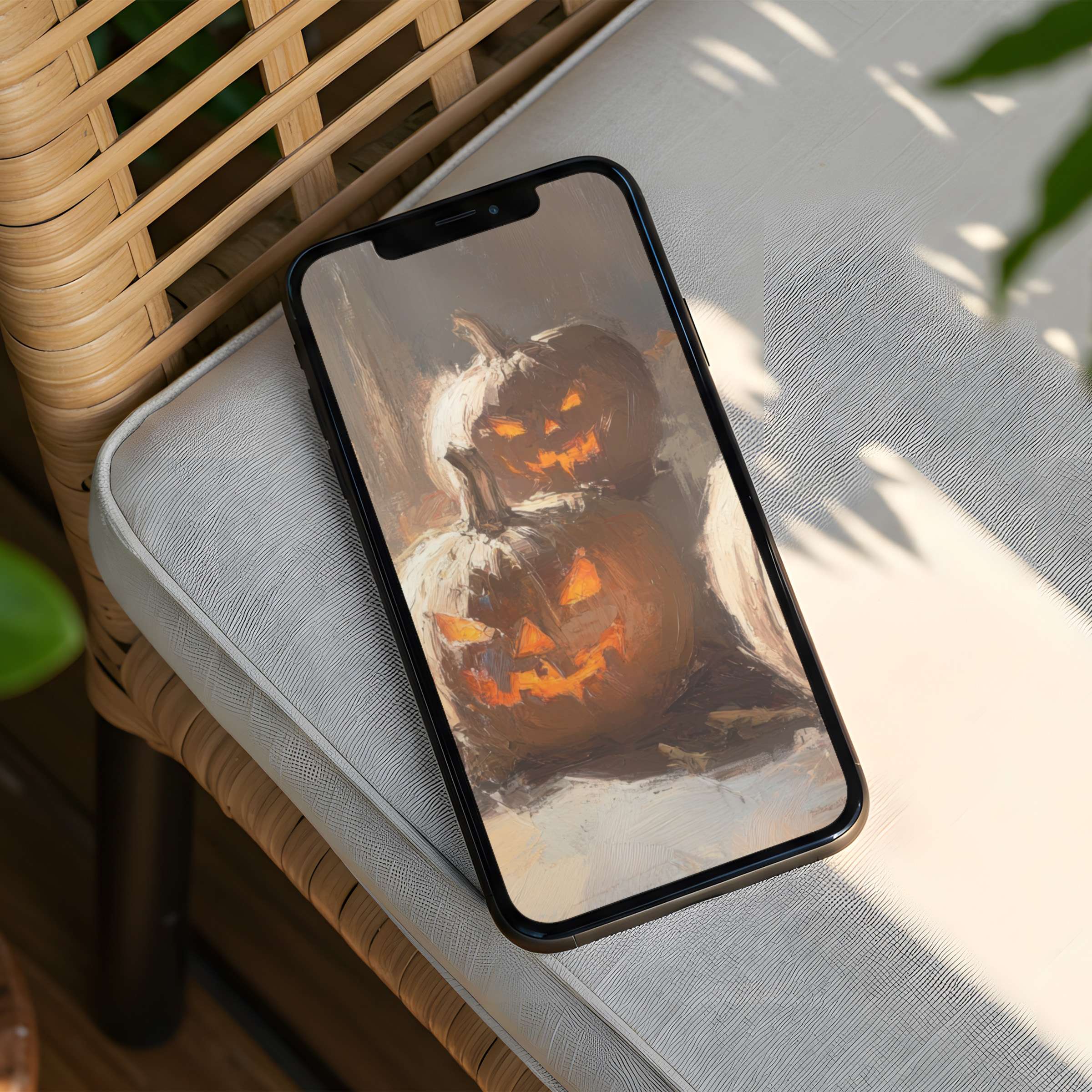 Elegant iPhone background featuring artistic jack-o'-lanterns on a soft chair for instant download inspiring calm and beauty on your phone