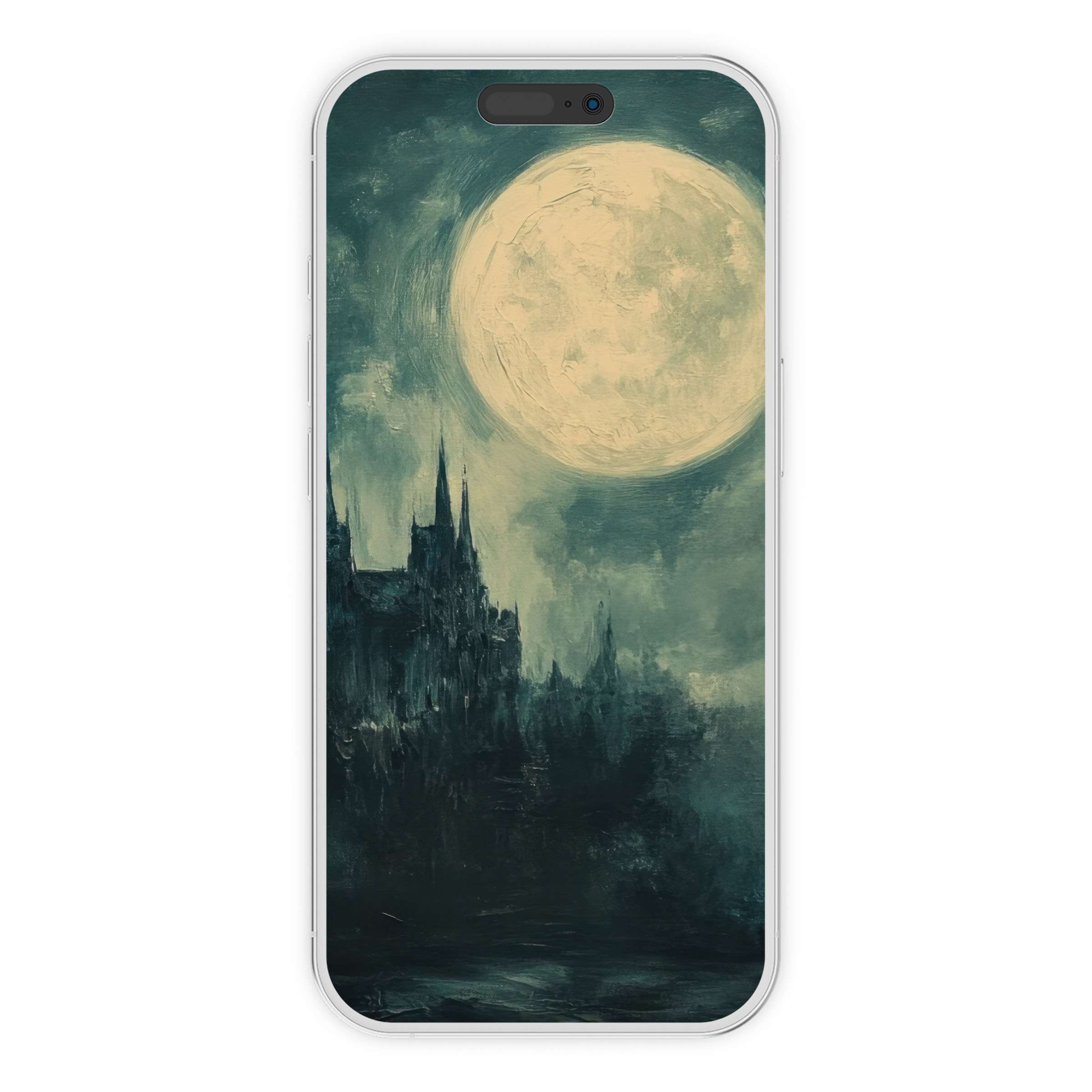 Ethereal halloween iPhone wallpaper with a serene moonlit castle phone background perfect for a digital download on any device