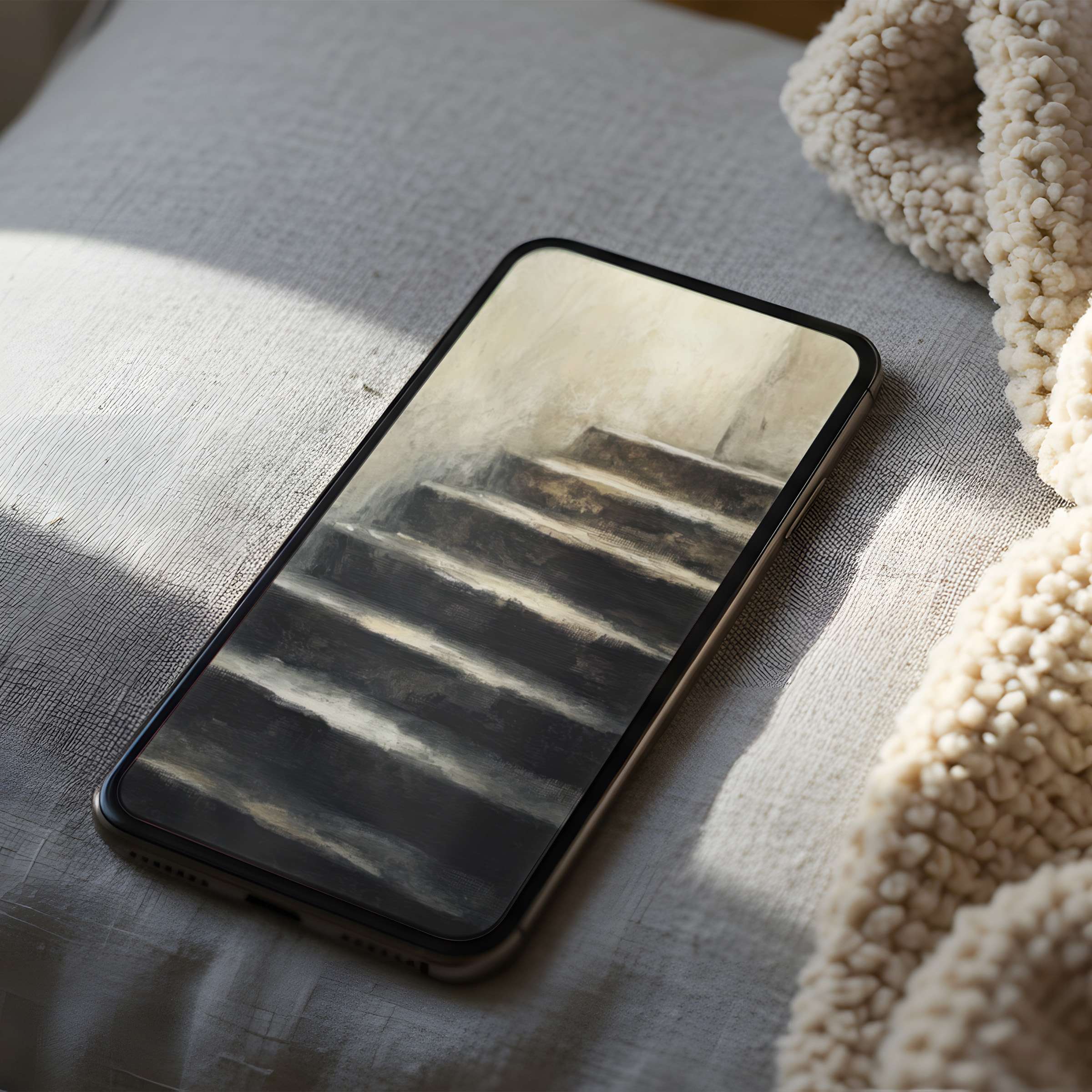 Serene phone wallpaper of a textured staircase in soft light offers timeless elegance for iPhone and android digital download use
