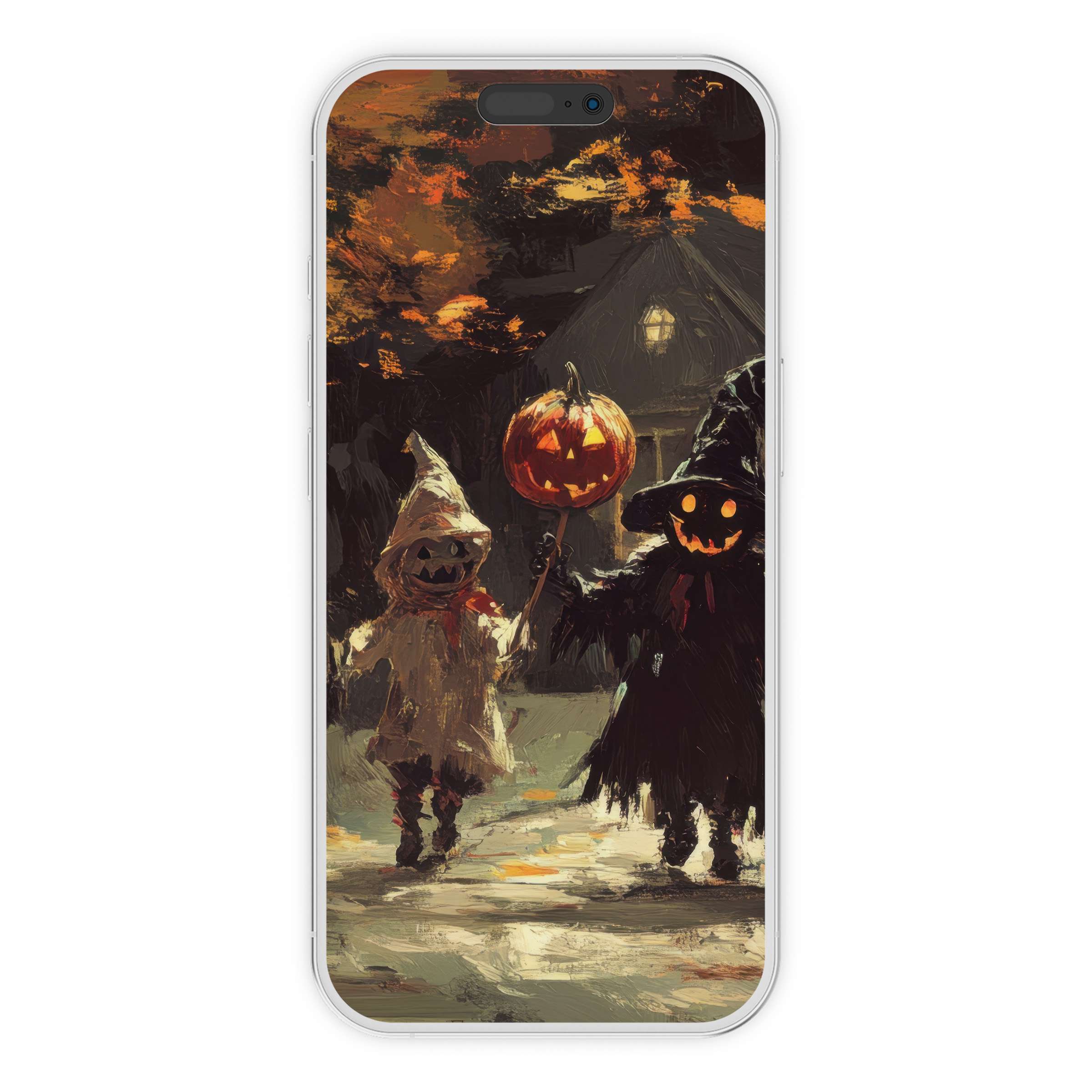 Enchanting halloween iPhone wallpaper with whimsical figures and pumpkin glow, perfect digital download for a serene phone background