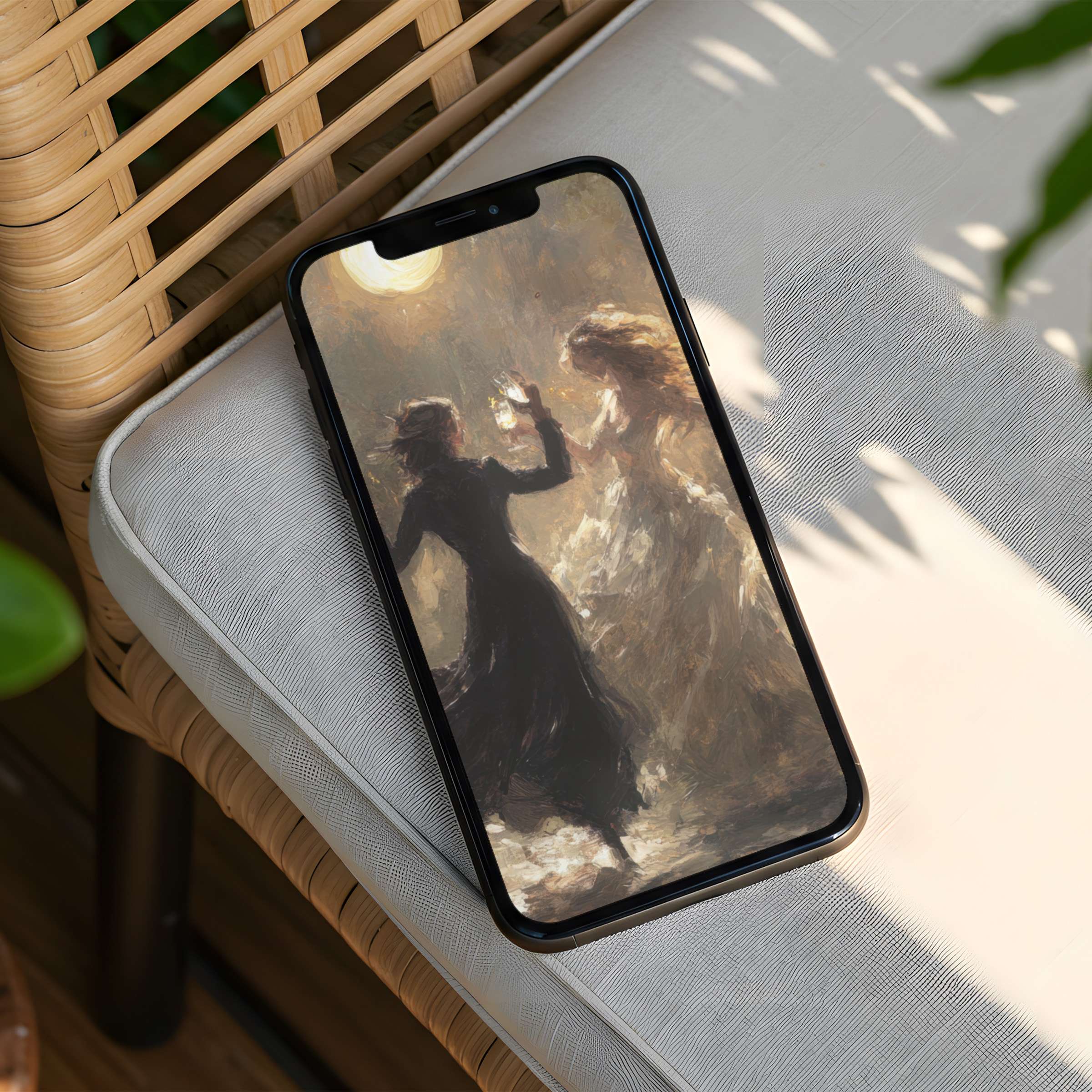 Elegant iPhone background featuring two ethereal figures dancing in moonlight ideal for instant download on any phone creating calm inspiration