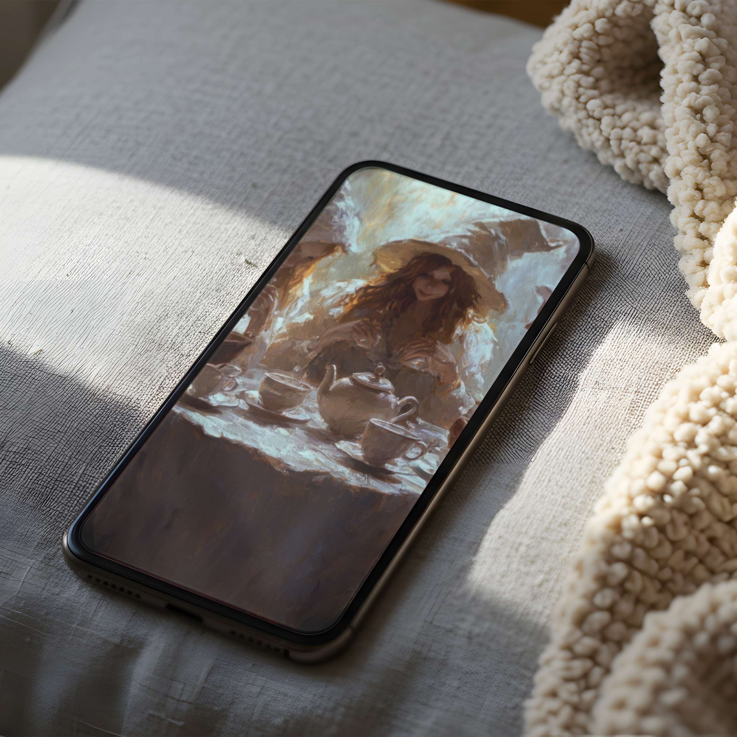 Elegant phone wallpaper showcasing a serene tea party scene in soft hues perfect as a high-resolution digital download for iPhone