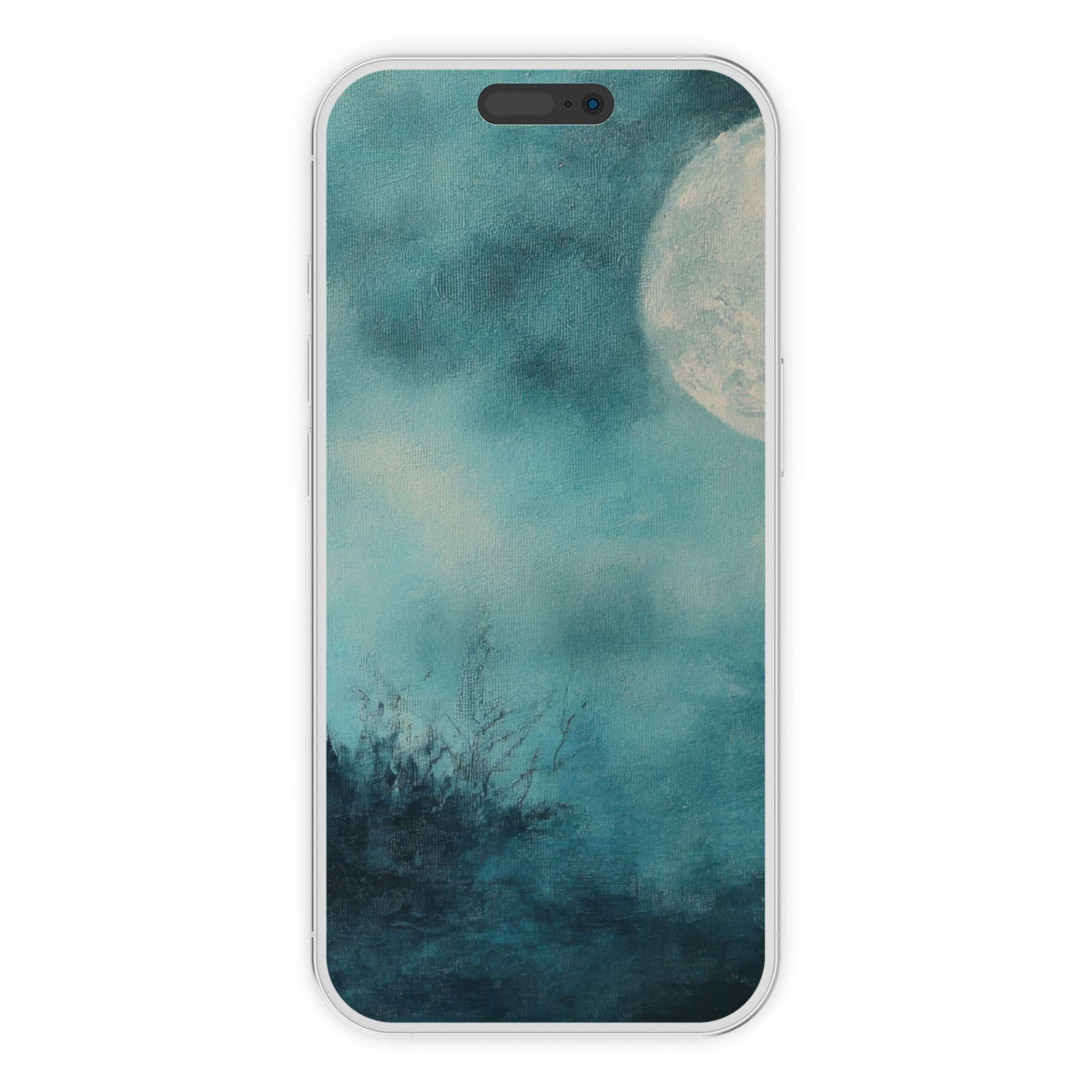 Elegant halloween iPhone wallpaper featuring a serene moonlit sky in teal hues perfect phone background digital download for all devices