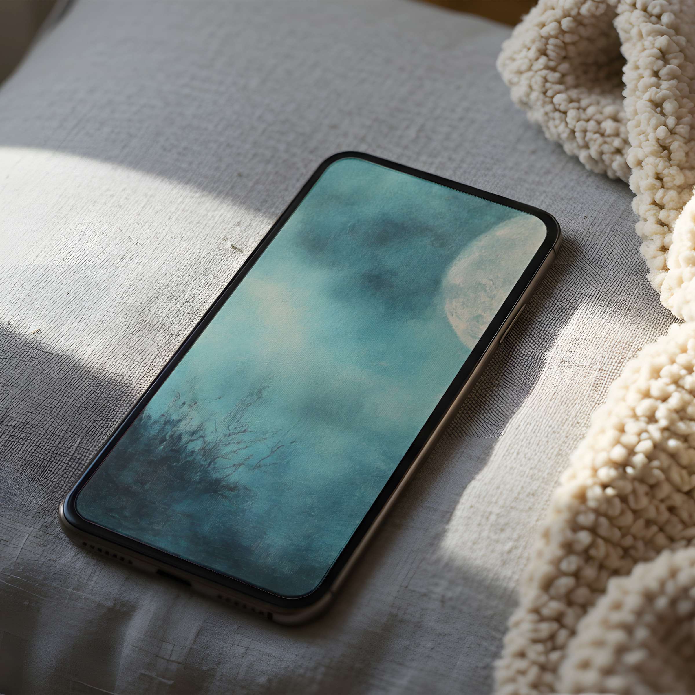 Elegant serene phone wallpaper featuring a misty moonlit sky in high resolution perfect for iPhone and Android digital download