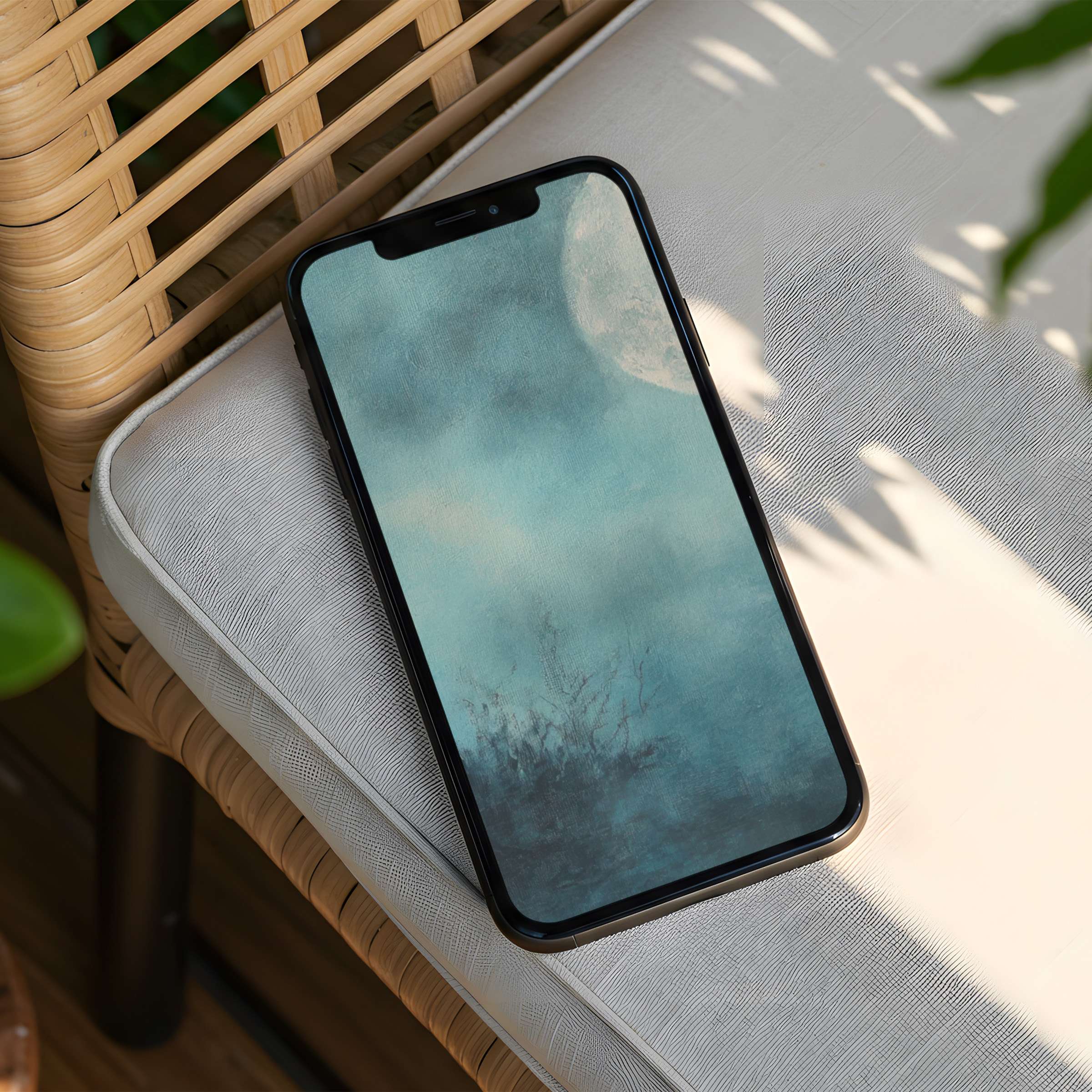 Serene iPhone background of a misty blue sky and moon for instant download perfect for any phone inspiring calm elegance