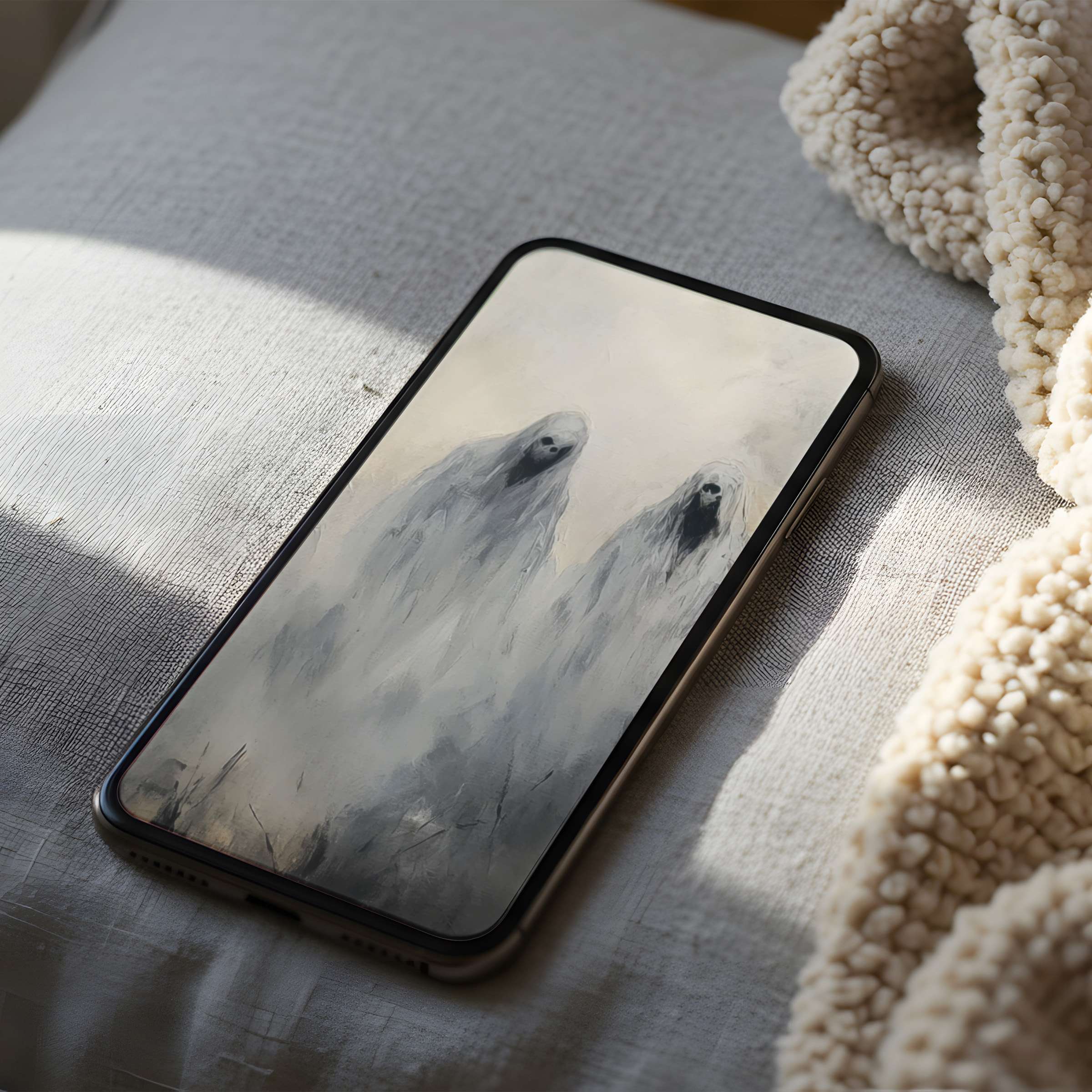 Ethereal ghost figures in muted tones create a serene phone wallpaper for iPhone and Android, offering calming, high-resolution art download