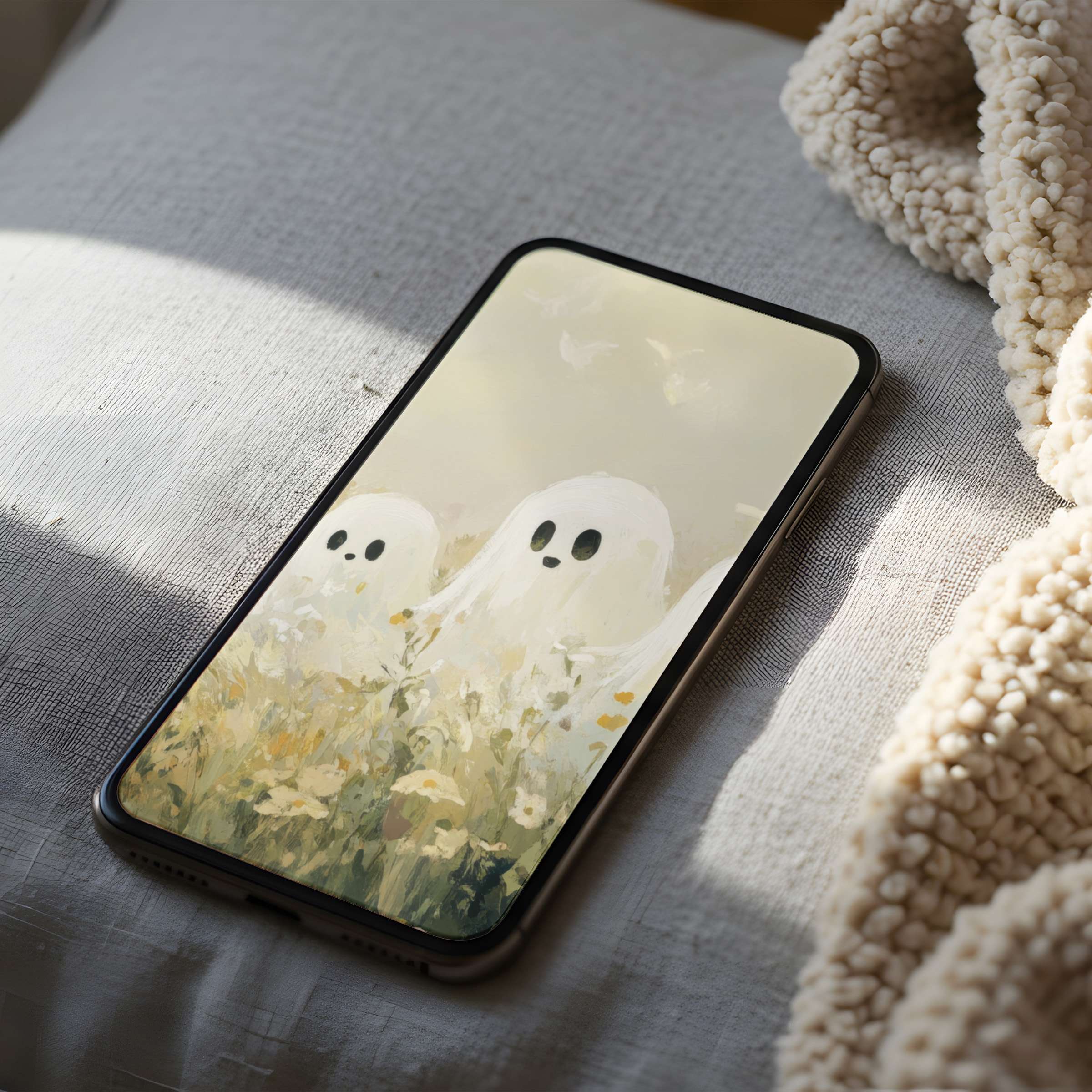 Serene ghost-themed phone wallpaper offering a calming ambiance with high-resolution art, perfect for iPhone and Android digital download