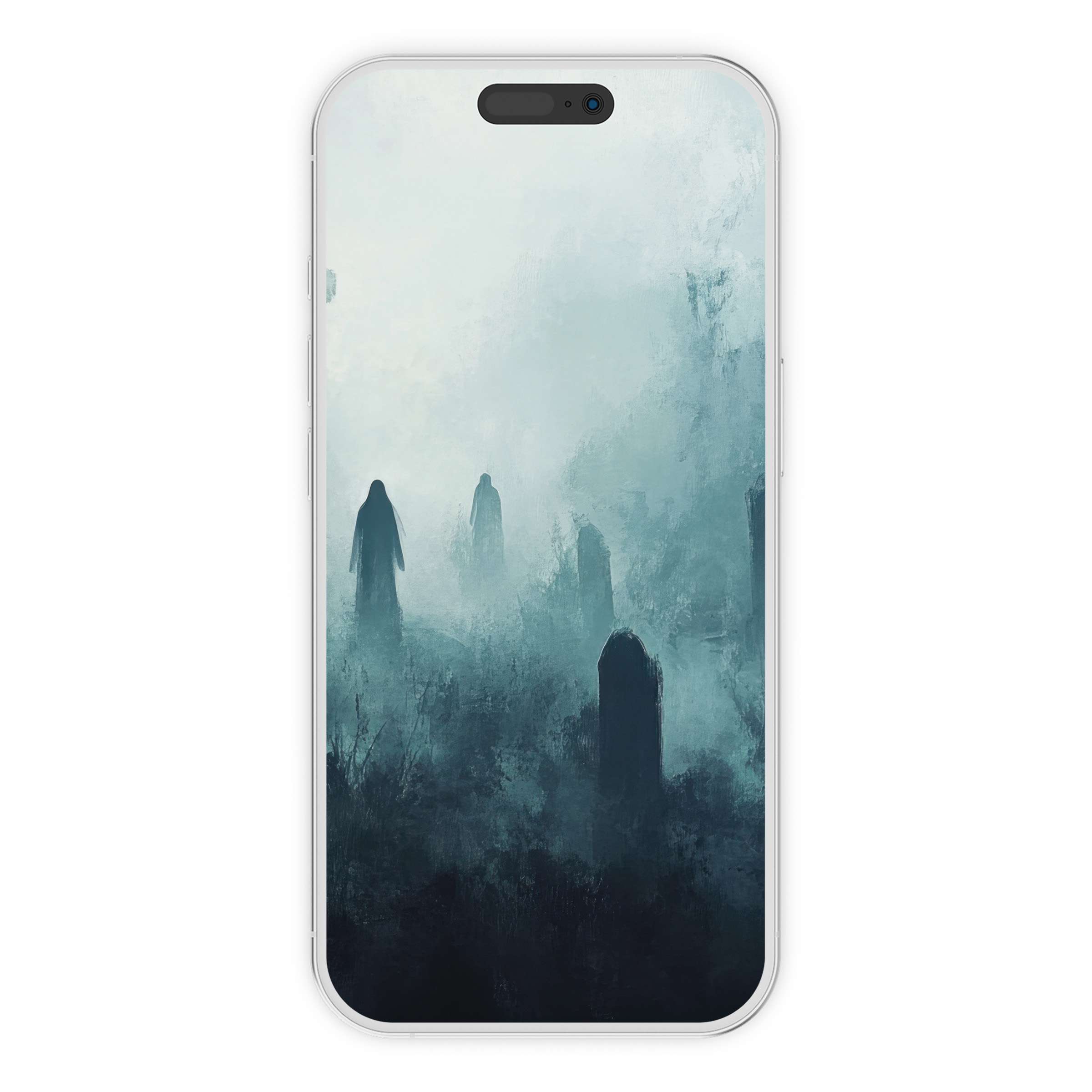 Ethereal halloween iPhone wallpaper in misty blues and grays creates a serene phone background perfect for digital download and mobile use