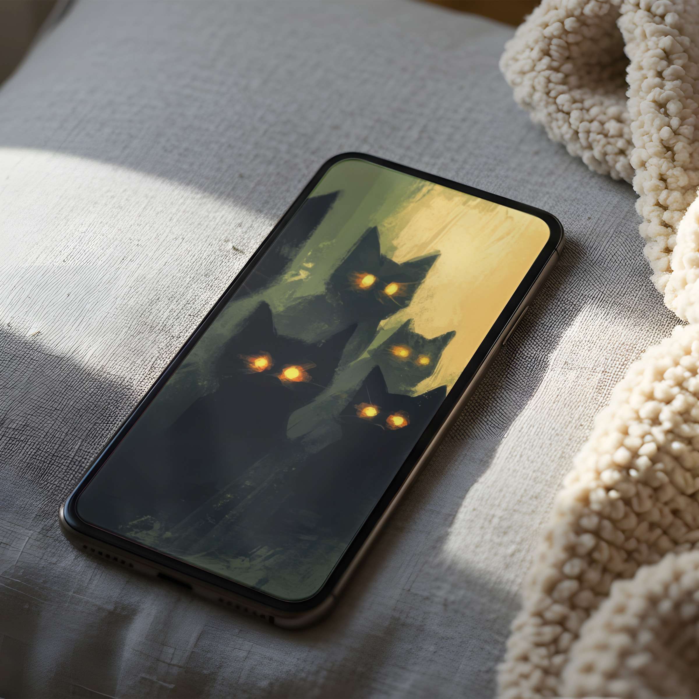 Ethereal cat art in dark tones illuminates a phone wallpaper suitable for iPhone and Android users seeking high resolution elegance