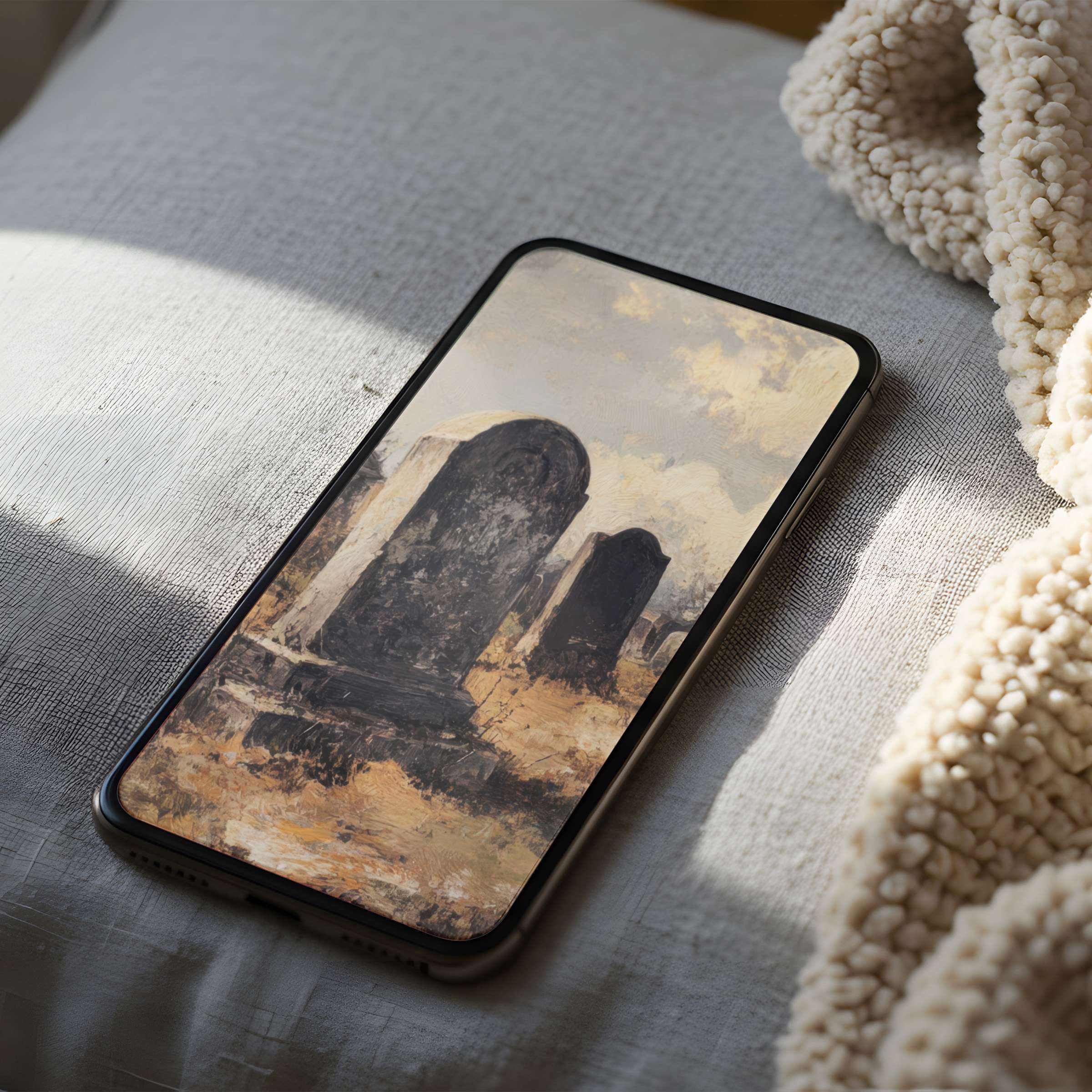 Elegant phone wallpaper featuring serene tombstone art in warm tones on cozy fabric, high resolution digital download for iPhone and Android