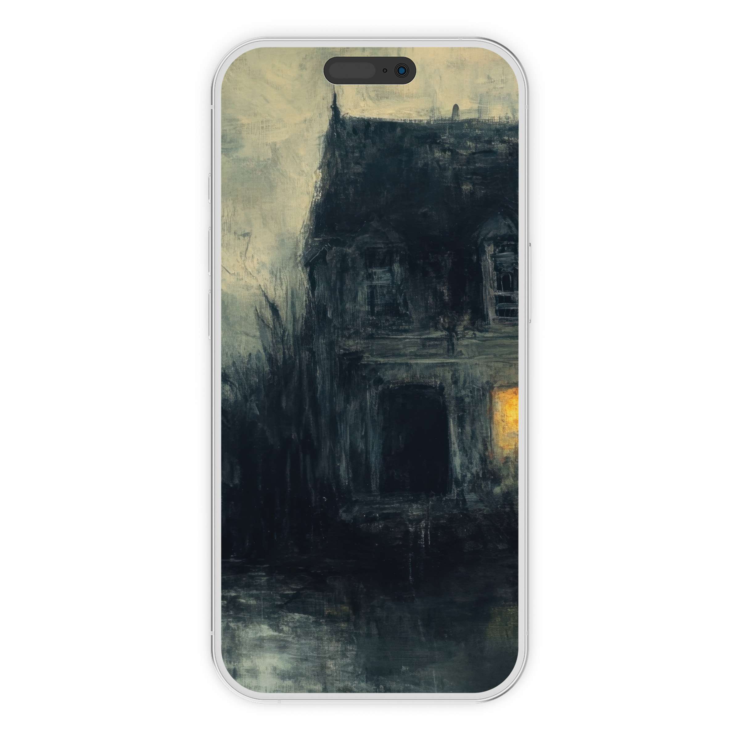Eerie halloween iPhone wallpaper with a haunted house painting offering a tranquil phone background perfect for digital download