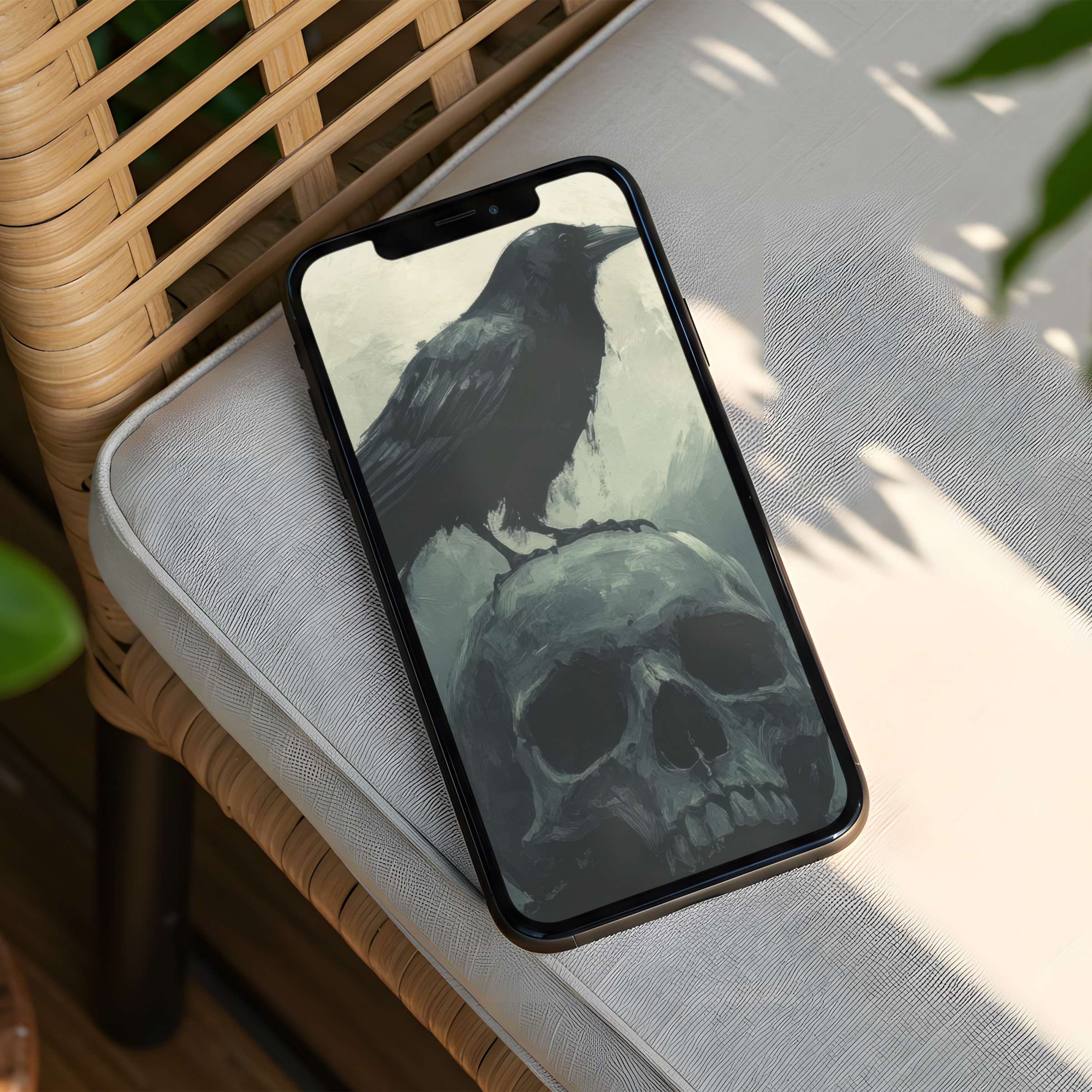 Elegant and moody iPhone background featuring a raven on a skull perfect for mindful inspiration available for instant download phone compatible