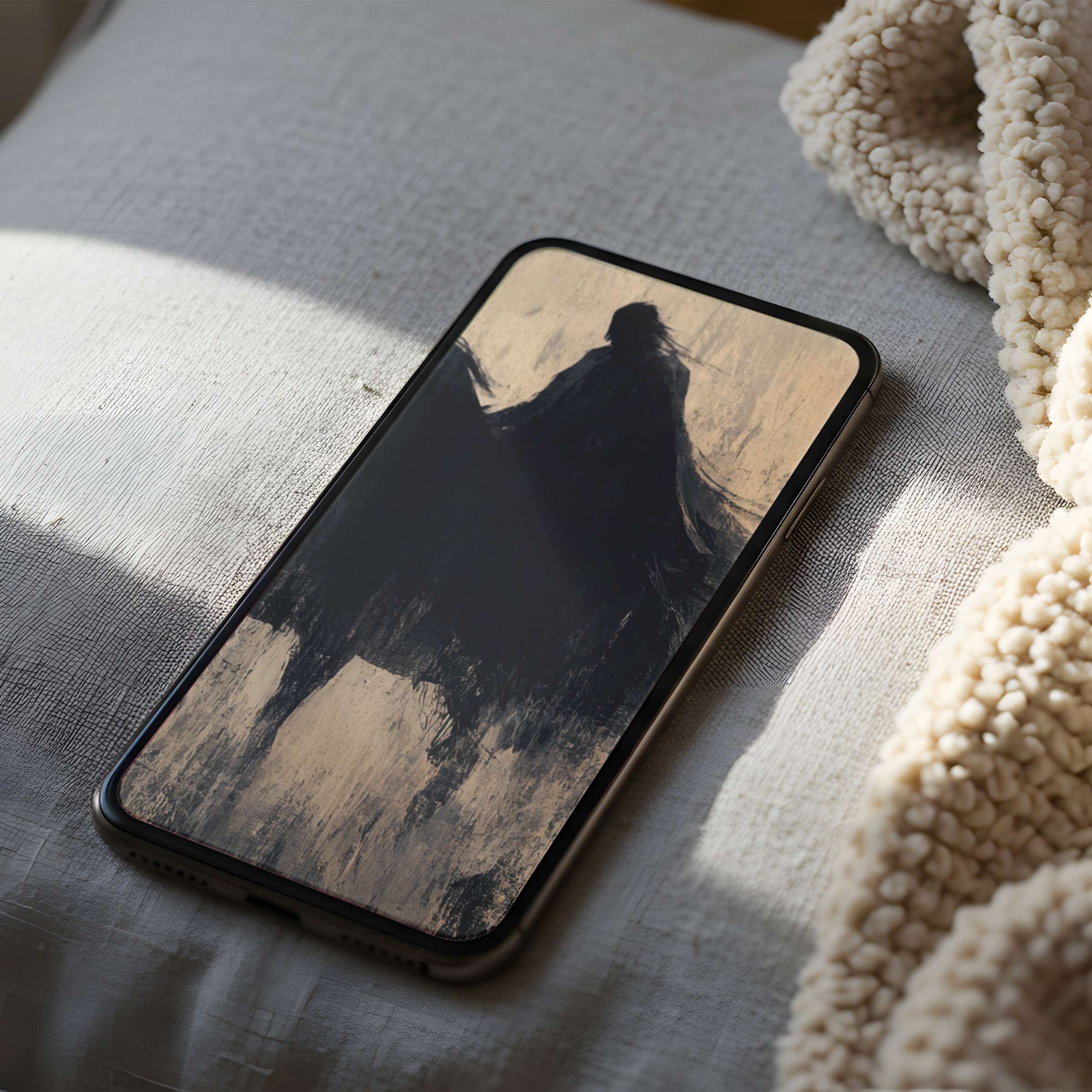 Elegant phone wallpaper featuring abstract dark silhouette on textured background in high resolution, perfect for iPhone and Android users seeking calm and aesthetic digital download