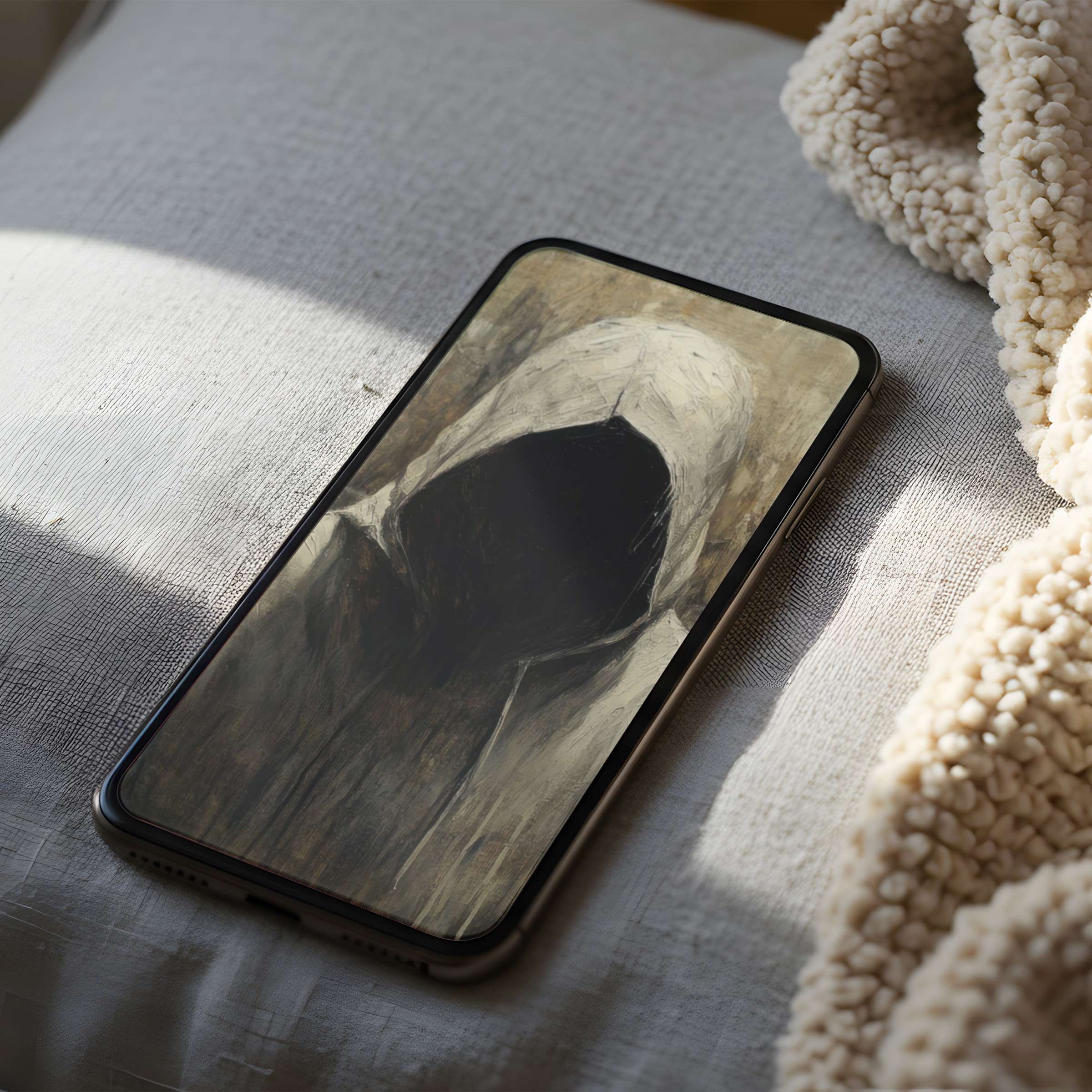 Muted abstract phone wallpaper featuring a hooded figure, perfect for iPhone or Android, offering serene elegance in high resolution download