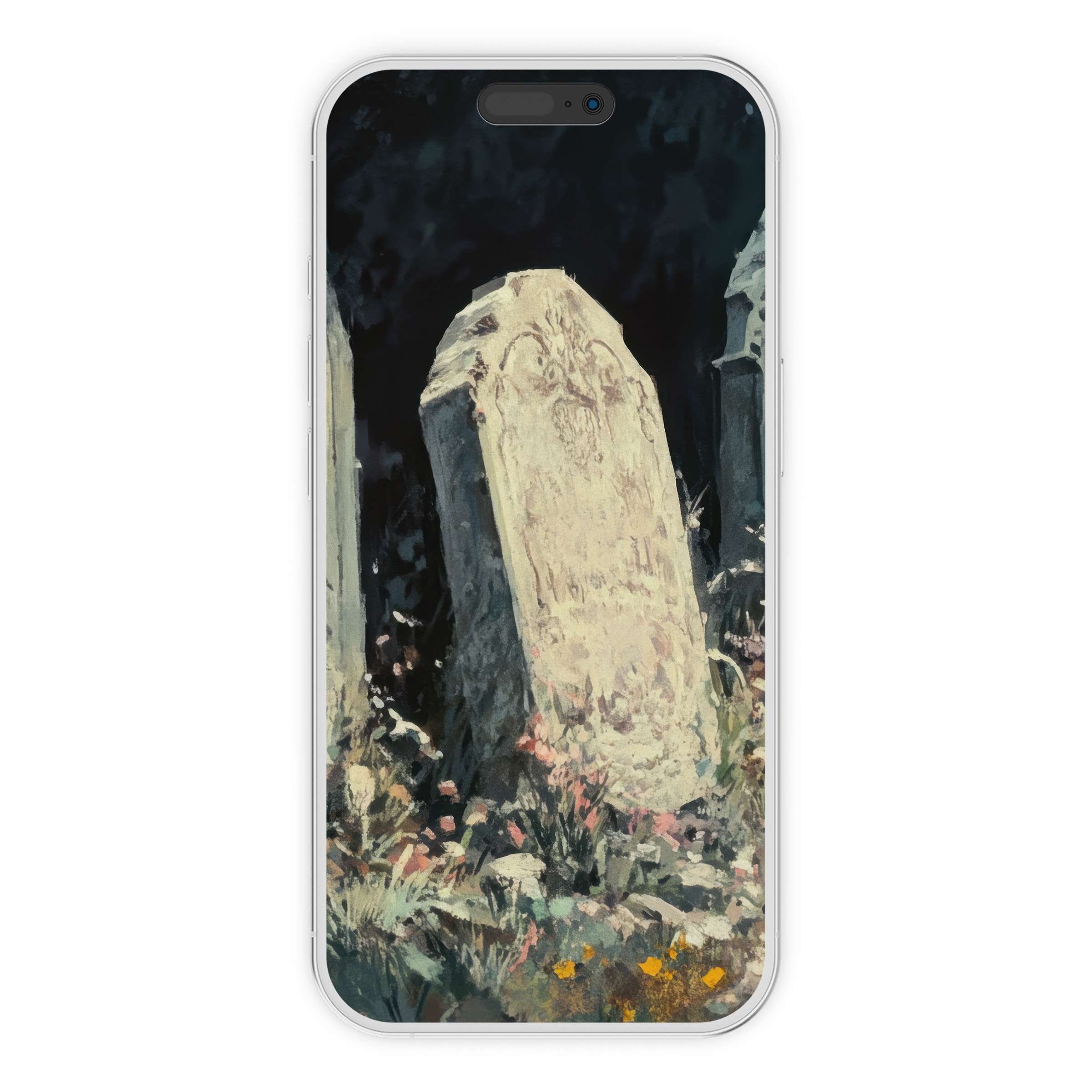 "Ethereal halloween iPhone wallpaper featuring serene tombstones under a dark night sky perfect for phone background digital download"