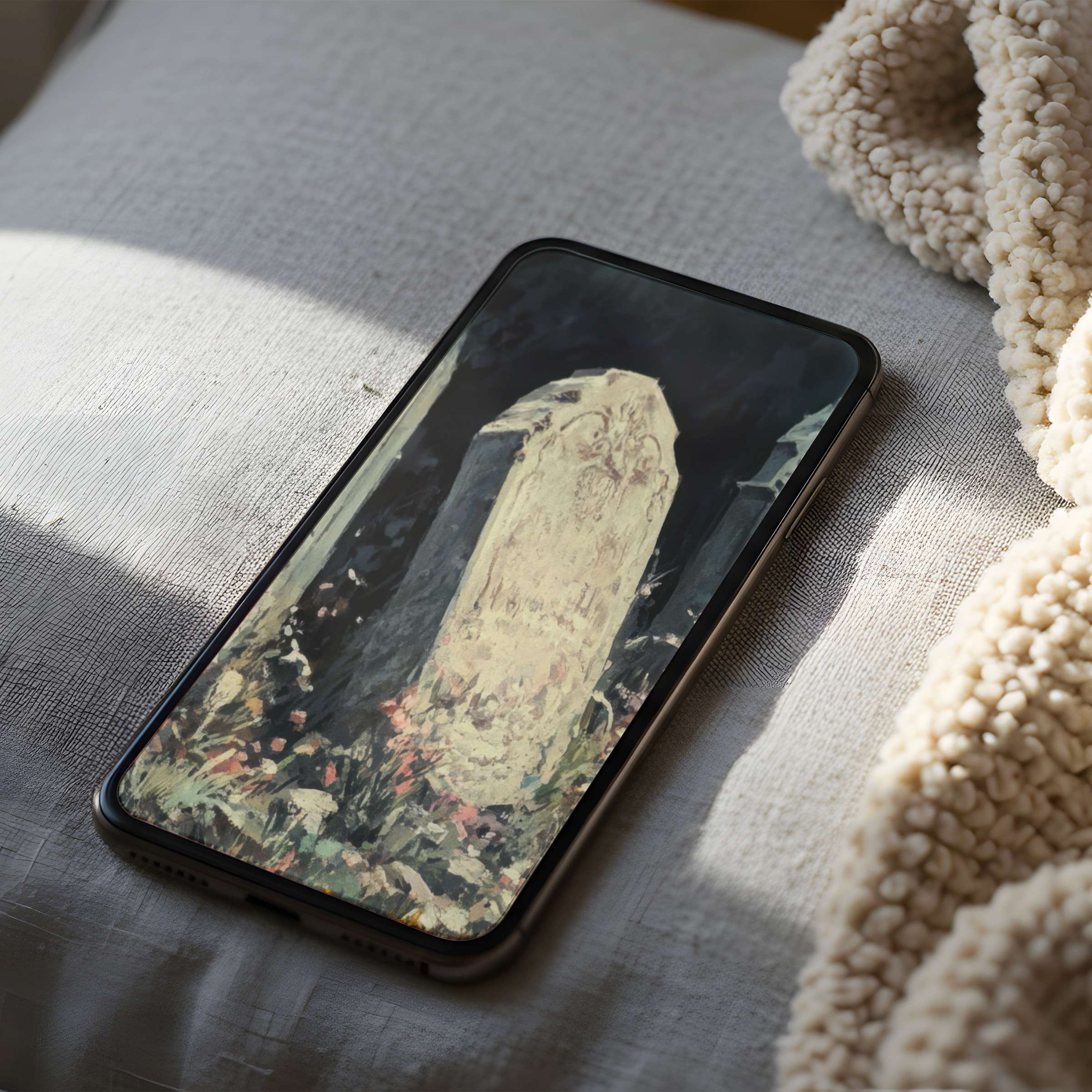 Elegant phone wallpaper with serene, vintage gravestone motif in soft pastels, perfect for iPhone and android high resolution screens