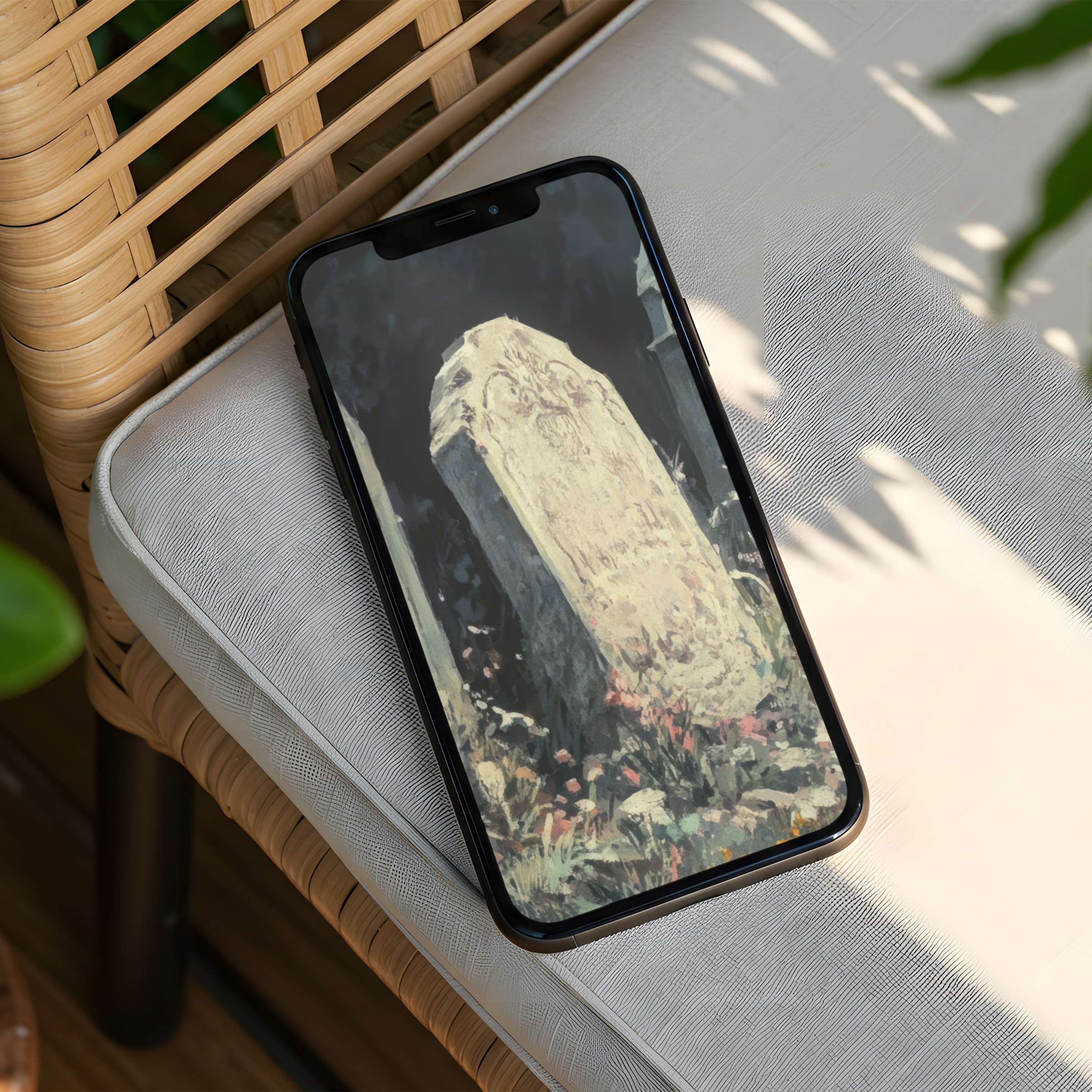 Elegant iPhone background with serene gravestone art evokes calm and meditation available as instant download for phone screens