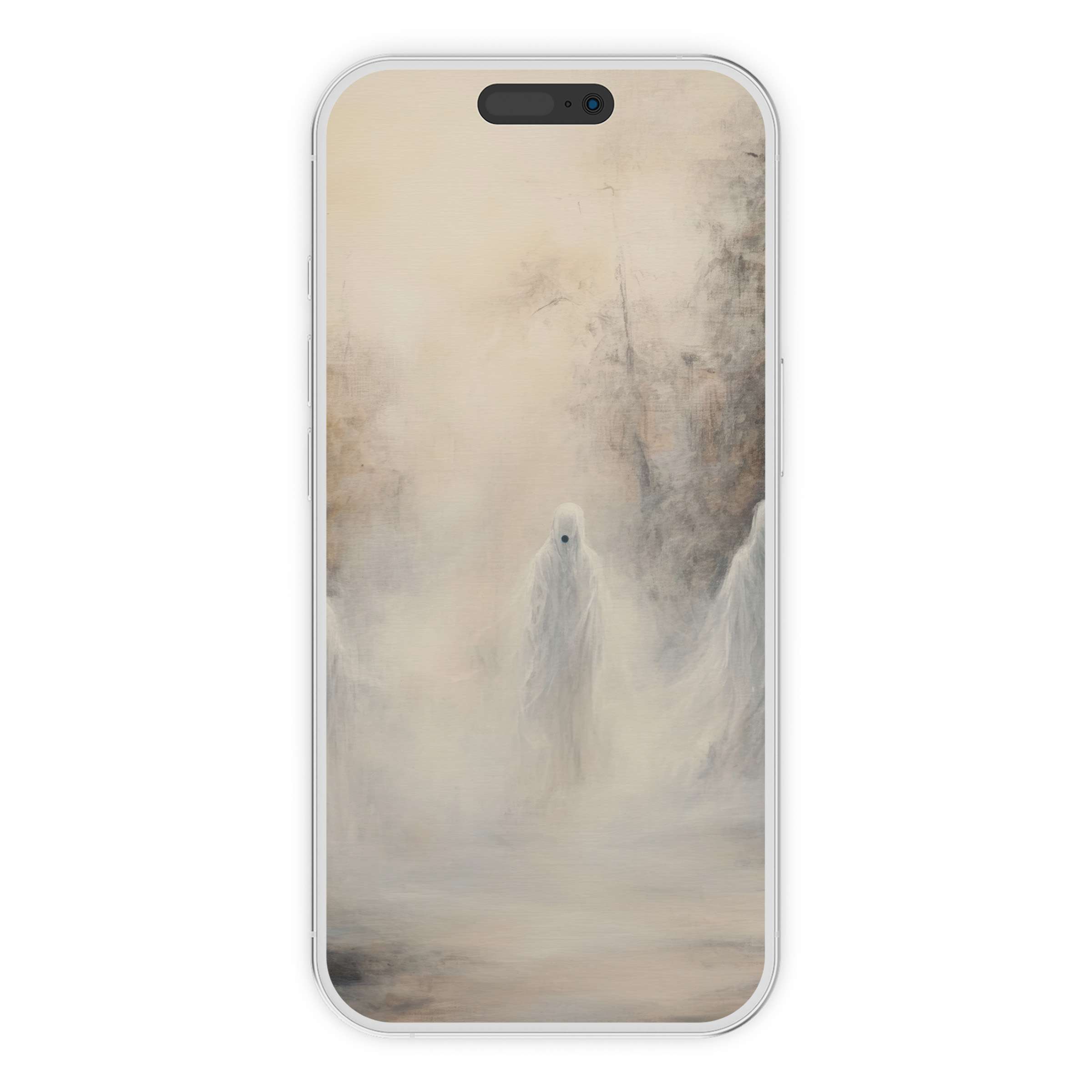 Ghostly figures in ethereal mist create a serene Halloween iPhone wallpaper phone background for digital download soothing any device