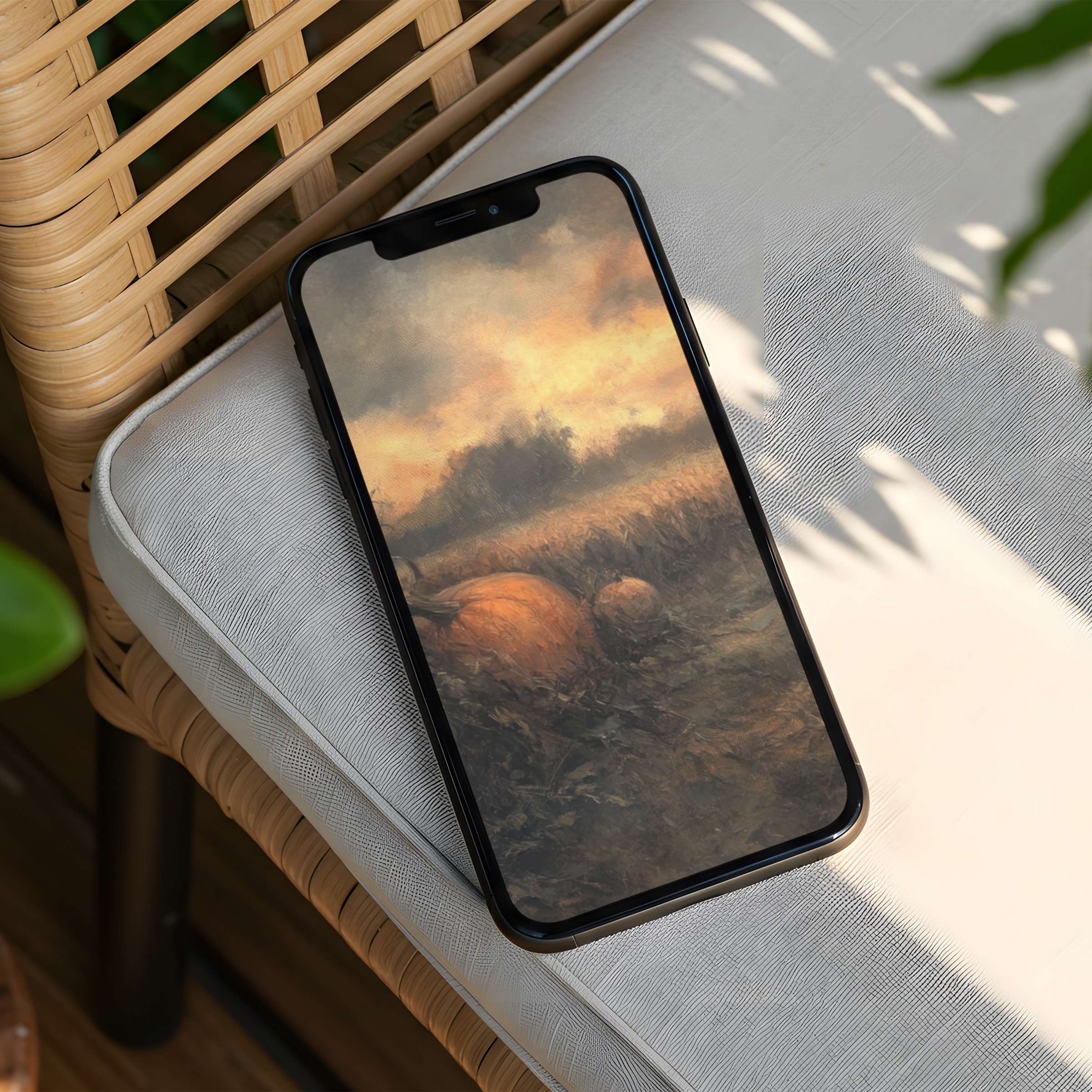 Serene landscape iPhone background featuring warm sunset and pumpkins offers instant download for phone elegance and mindfulness