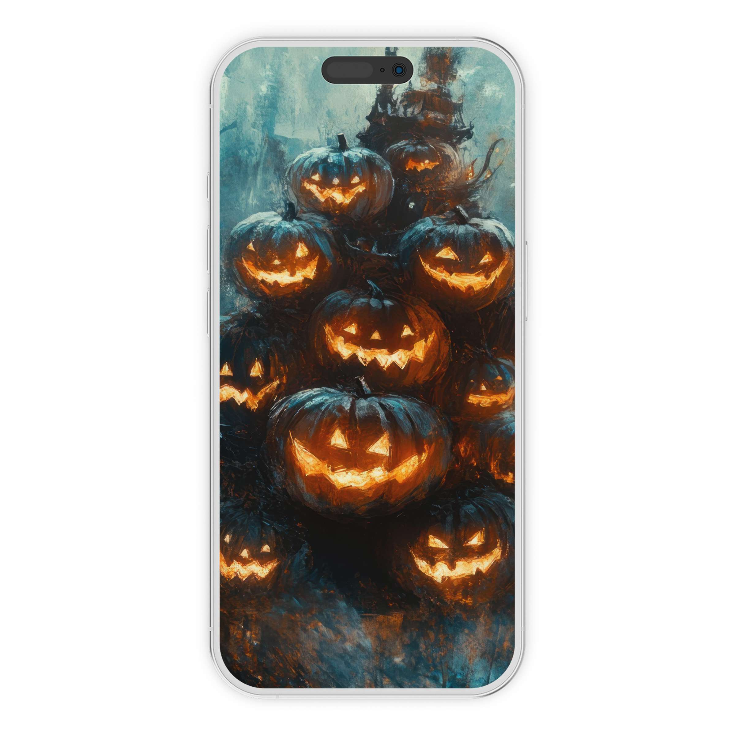 Moody blue and orange halloween iPhone wallpaper with glowing pumpkins, perfect digital download phone background for all devices