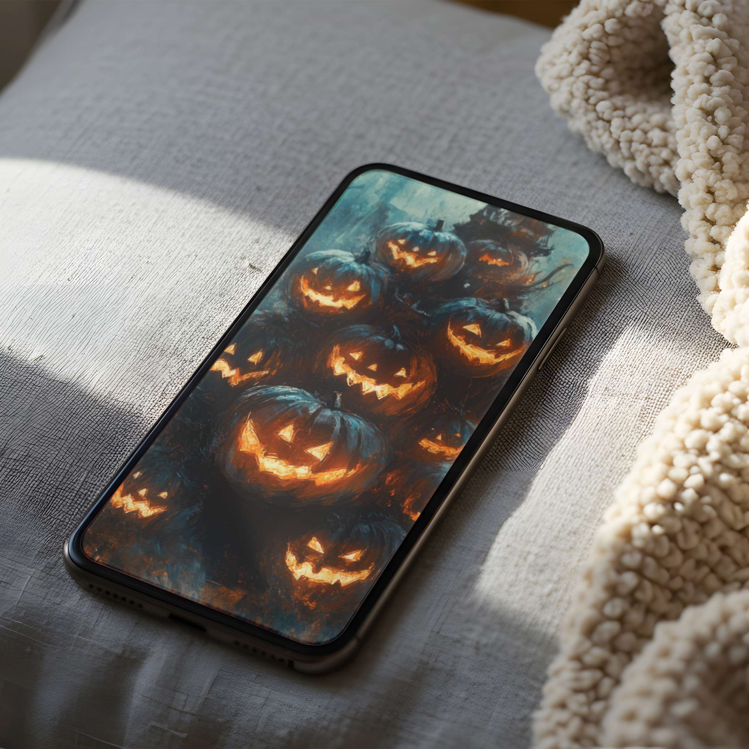 Vibrant pumpkin artwork phone wallpaper in high resolution, perfect for cozy autumn vibes, suitable for iPhone and Android, digital download