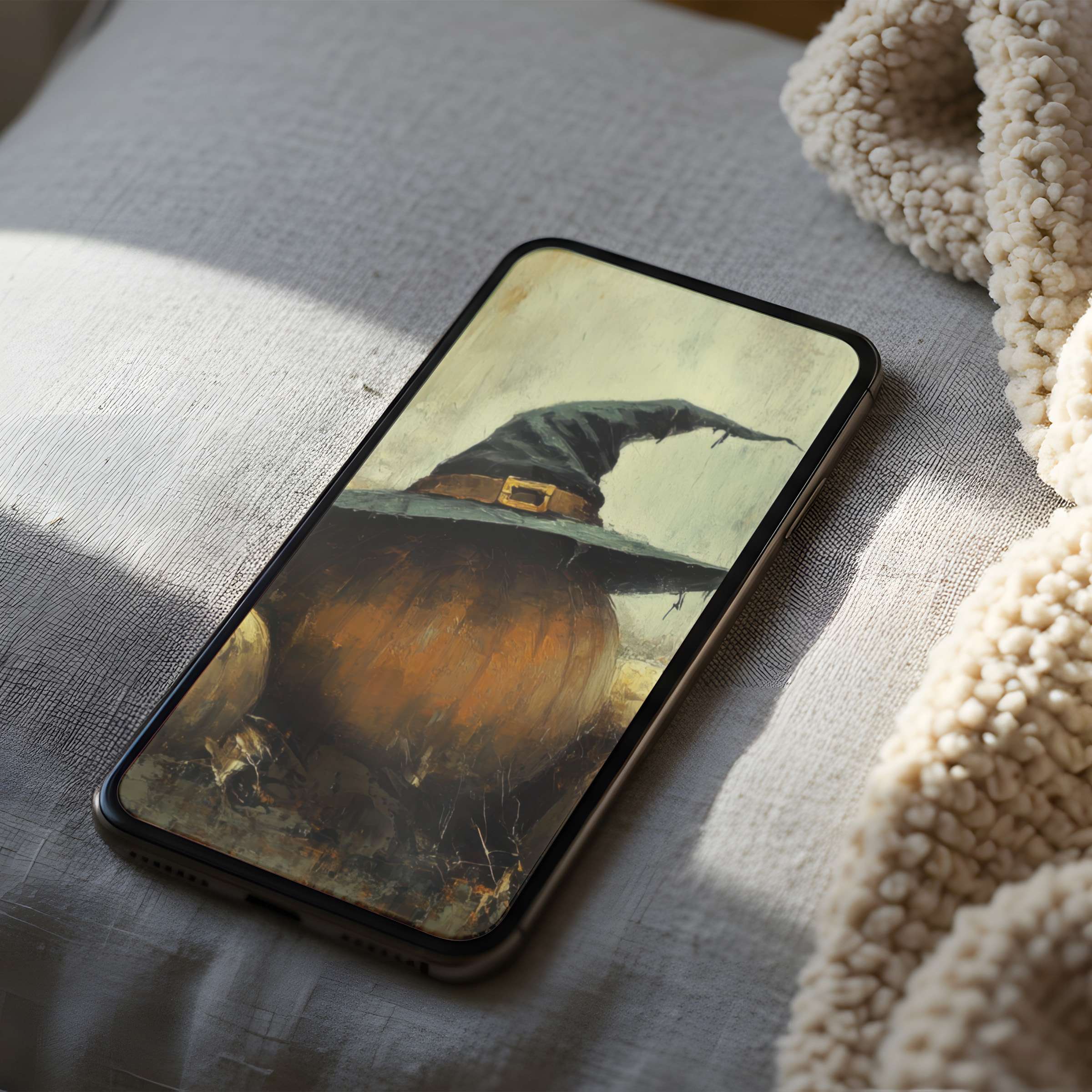 Witch hat artwork phone wallpaper in warm tones offers a high-resolution, calming digital download for iPhone and Android phones
