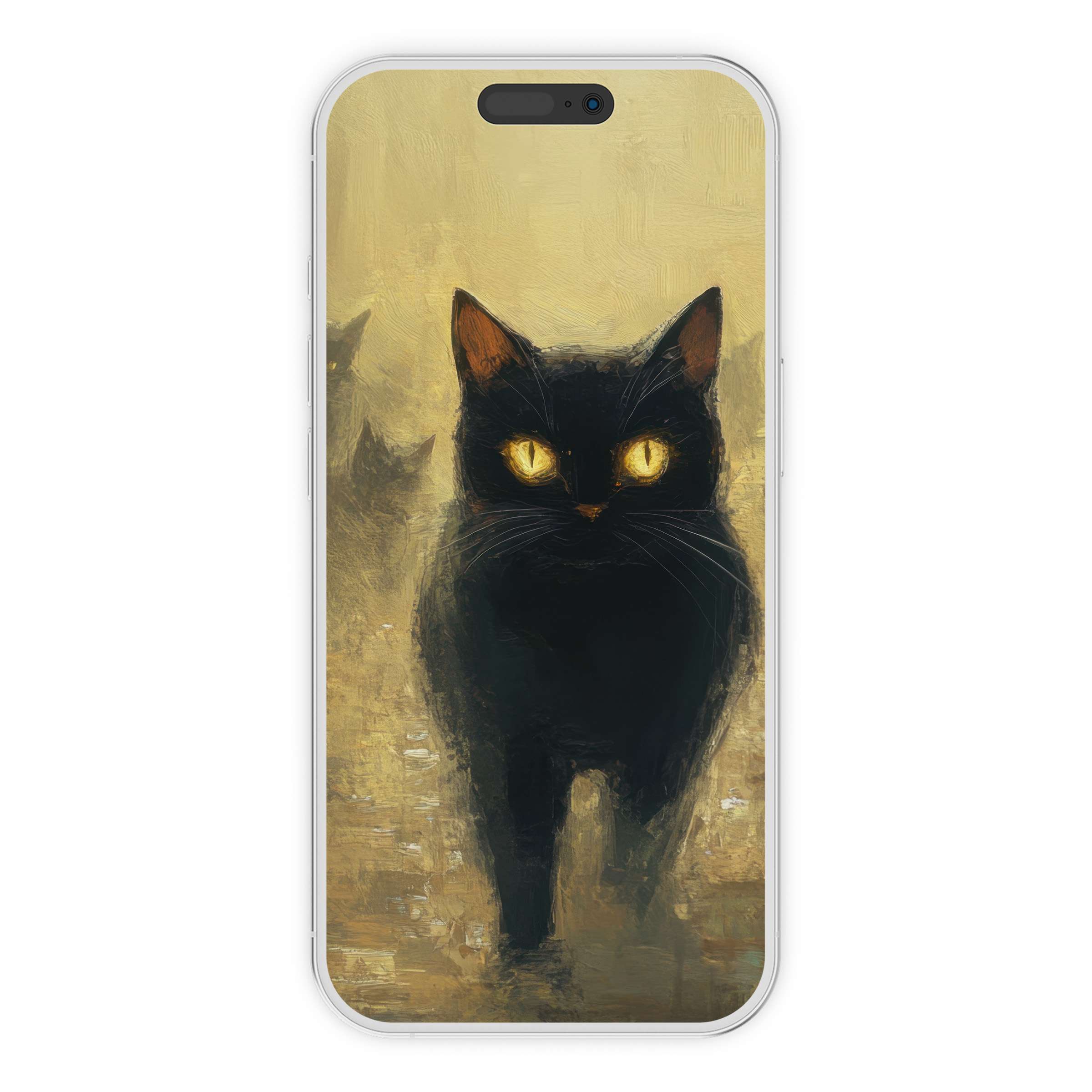 Elegant halloween iPhone wallpaper with a digital download of a black cat in painterly style, perfect phone background for cozy vibes