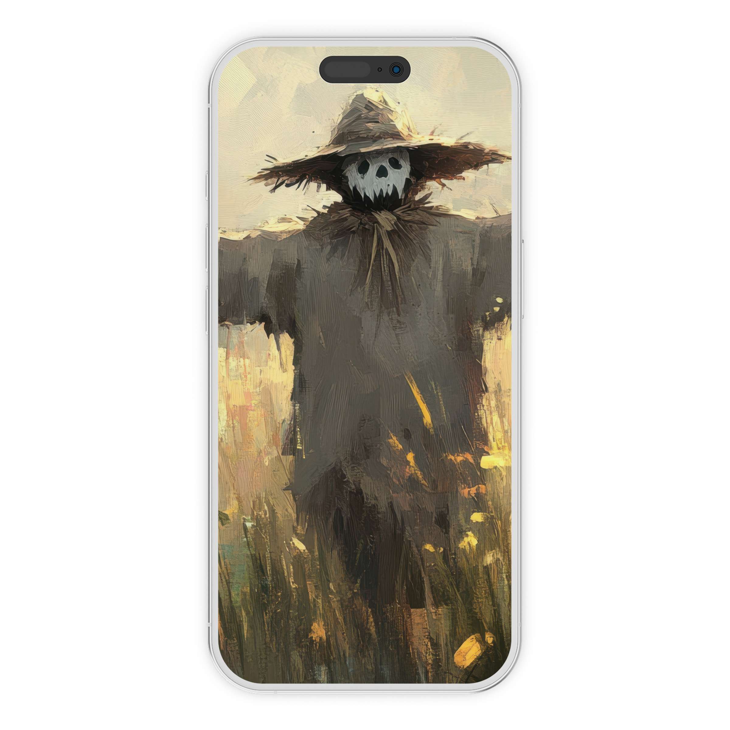 Ethereal halloween iPhone wallpaper with a rustic scarecrow art design for serene phone backgrounds as a digital download eco-friendly choice