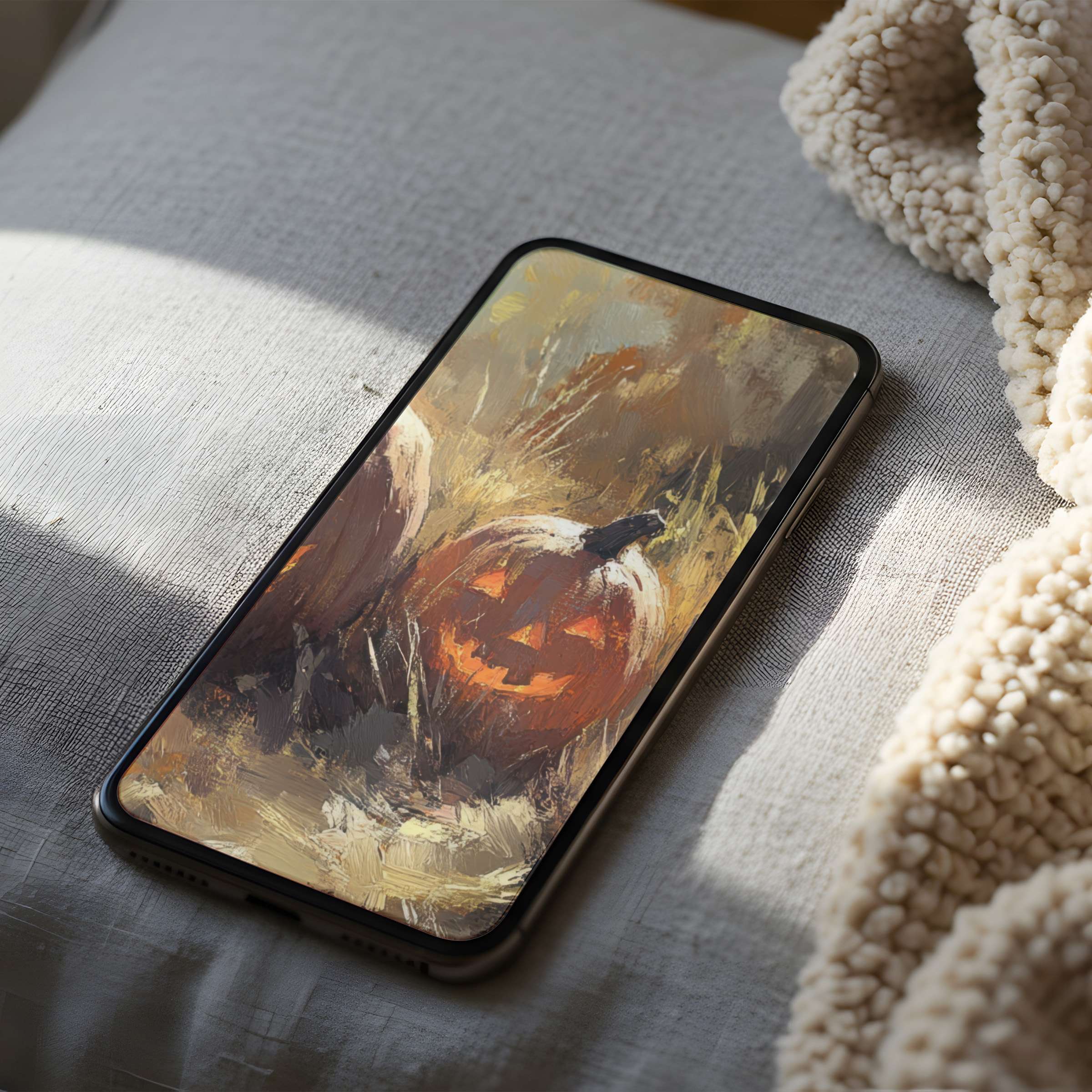 Pumpkin-inspired phone wallpaper with rich autumn tones on a sleek device, offering high resolution for iPhone or Android users